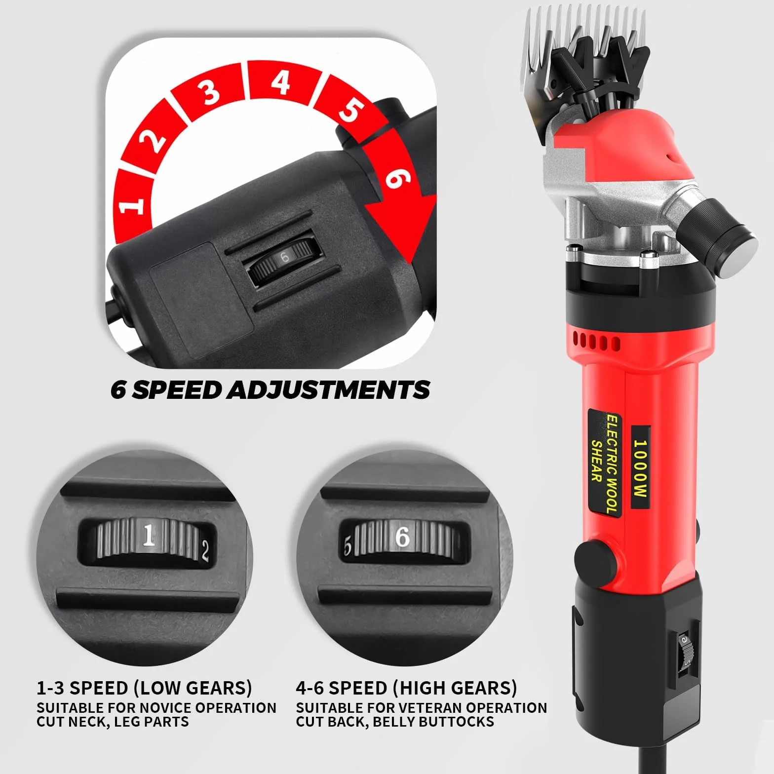 Tondeuse Electrique Mouton 1000W 6 Vitesses Réglables Machine Cisaillement Professionnelle Animaux Laine Chèvre Étui Transport Rouge