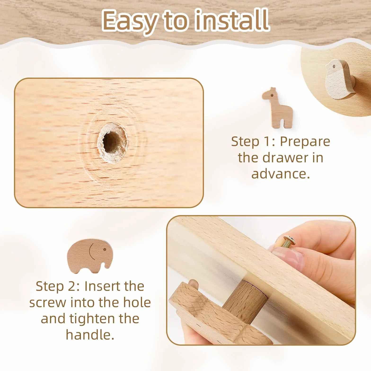 OESSUF Lot de 12 boutons d'armoire en bois pour enfant, Poignée de meuble en forme d'animal