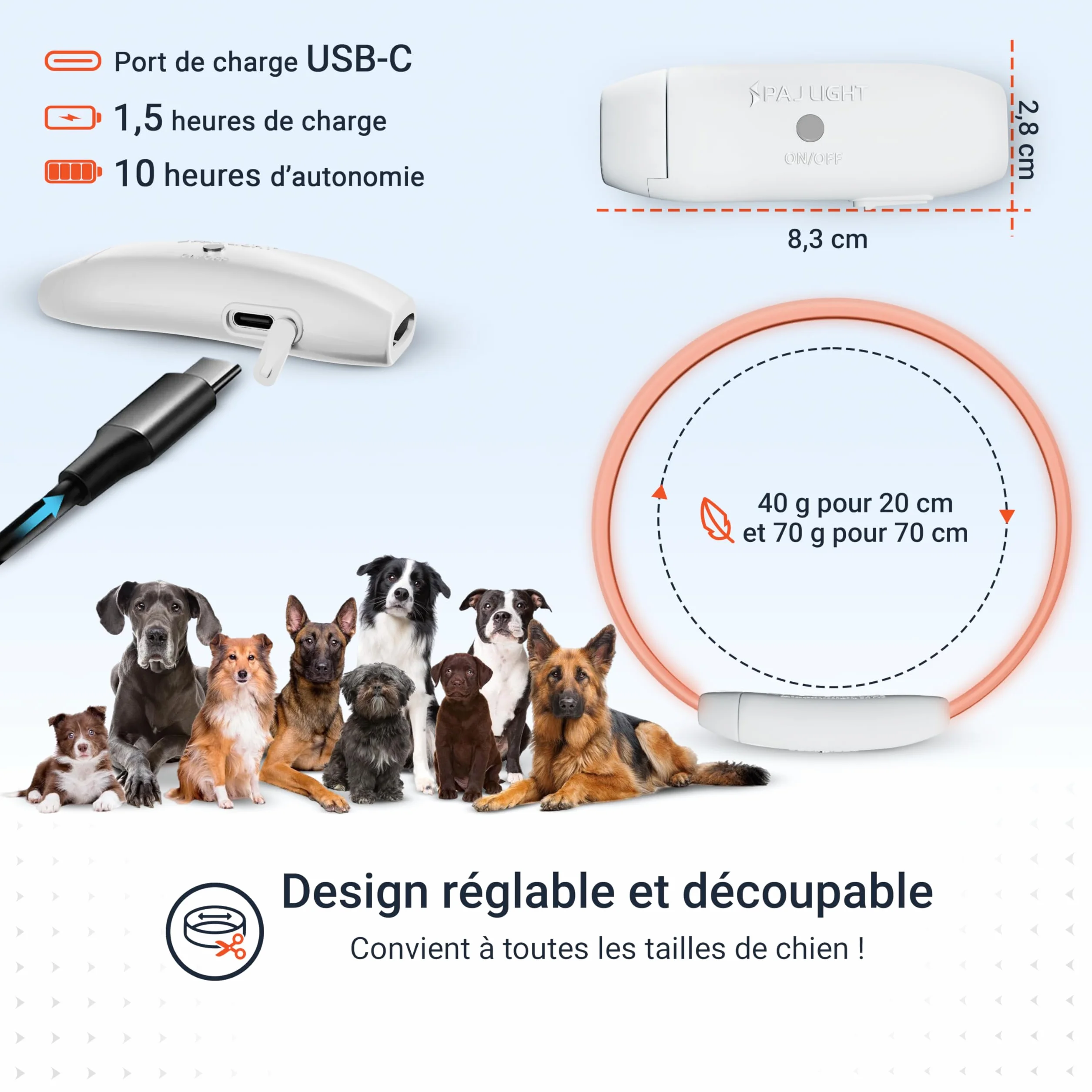 PAJ Light LED Collar Collier Lumineux Chien Longueur Personnalisable 20-70cm 100% étanche 7 Couleurs Nuit