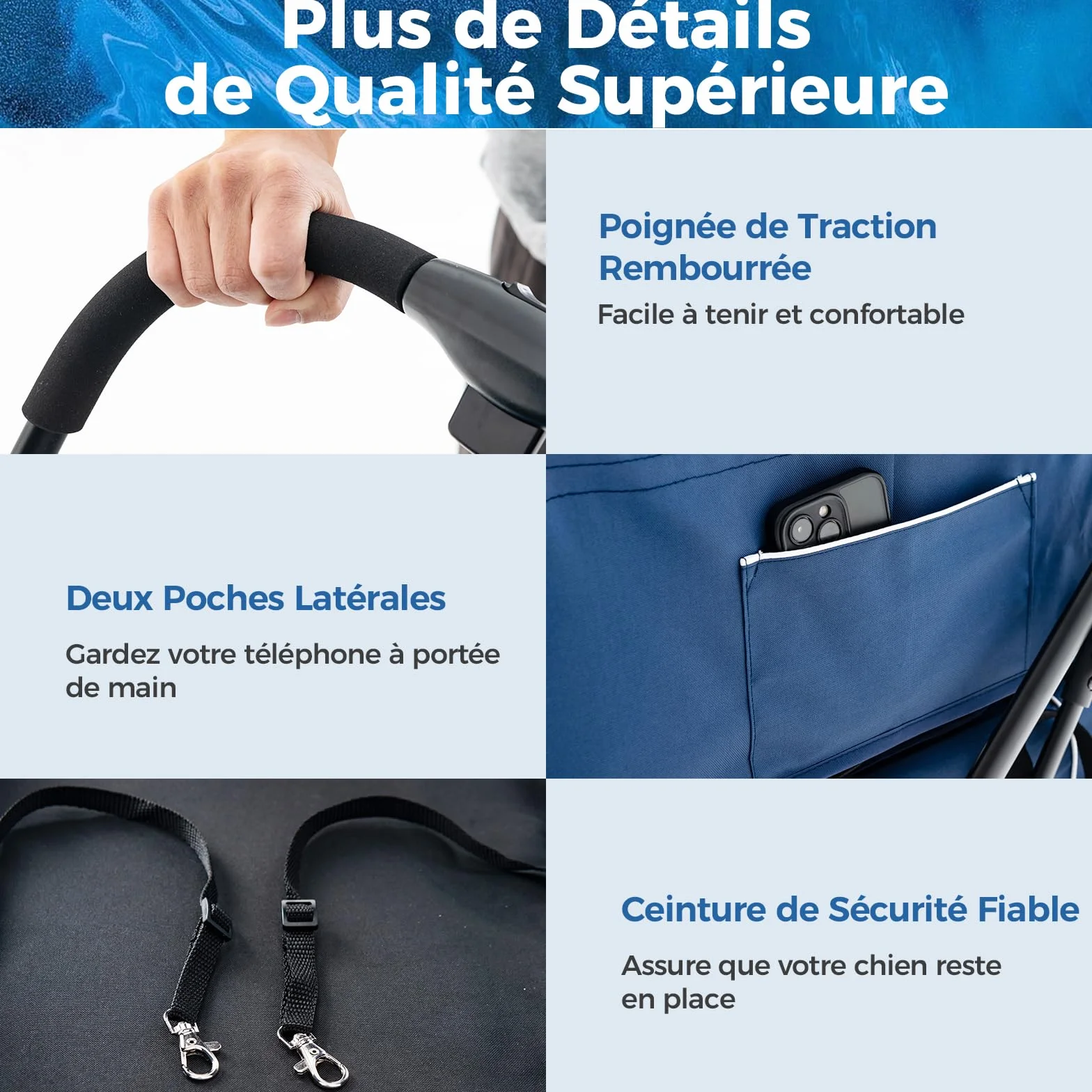 GOPLUS 3 en 1 Poussette Pliable à 2 Niveaux pour Chien Chat, 2 Sacs Détachables, Fenêtre en Maille, Roues avec Freins, Coussins Amovibles, Chariot de Voyage pour Chiens, Chats (Bleu)