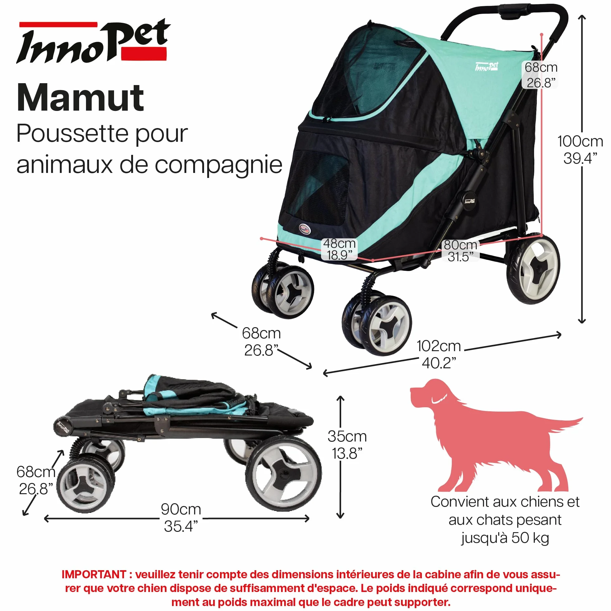 Chariot pour chien Innopet Mamut grand format bleu - Supporte jusqu'à 50 kg - Housse de pluie incluse - Pliage d'une seule main - Roues avant pivotantes, Remorque de chiens de taille moyenne et grande