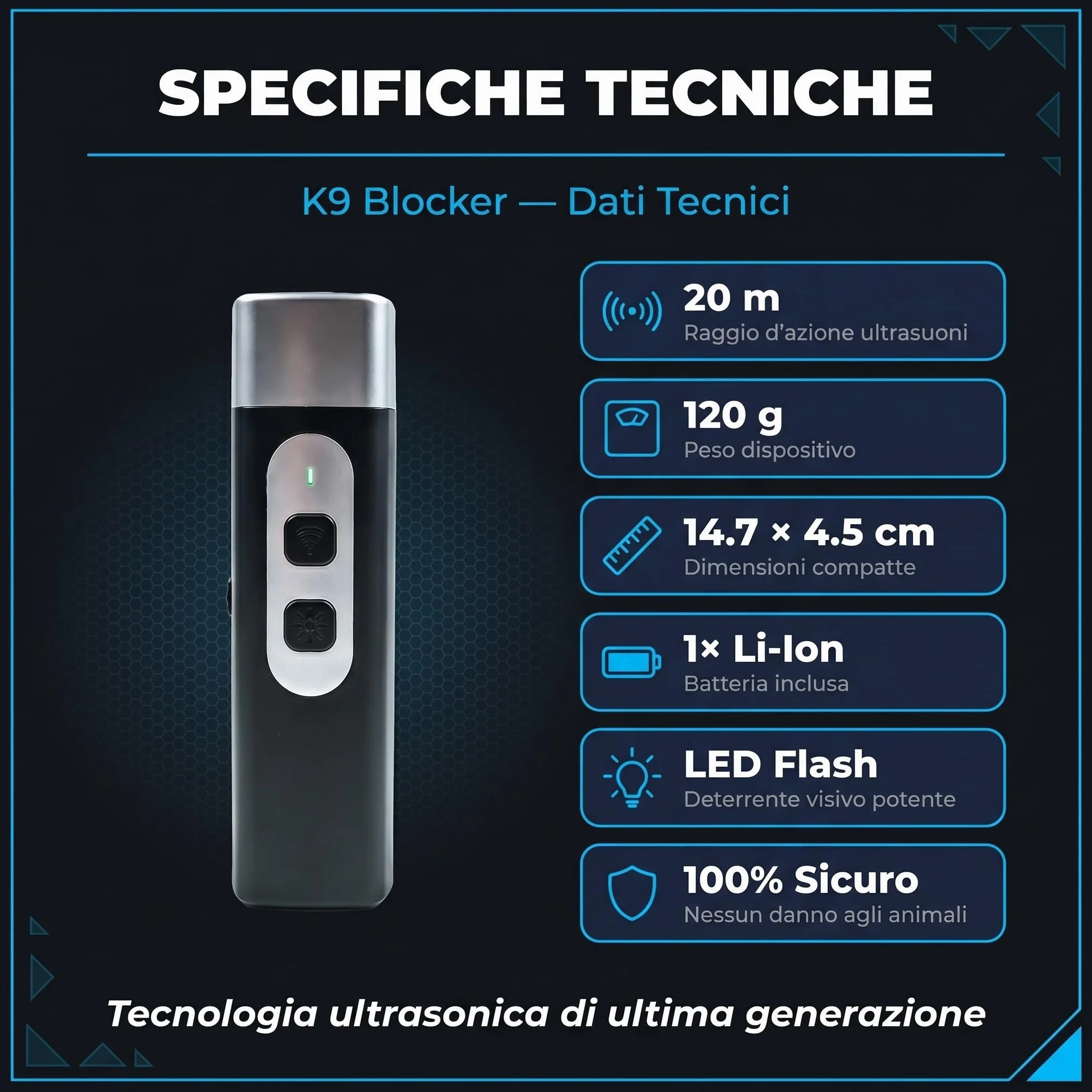 K9 Blocker Dispositif protection attaques chiens ultrasons LED Flash 20 m Batterie incluse