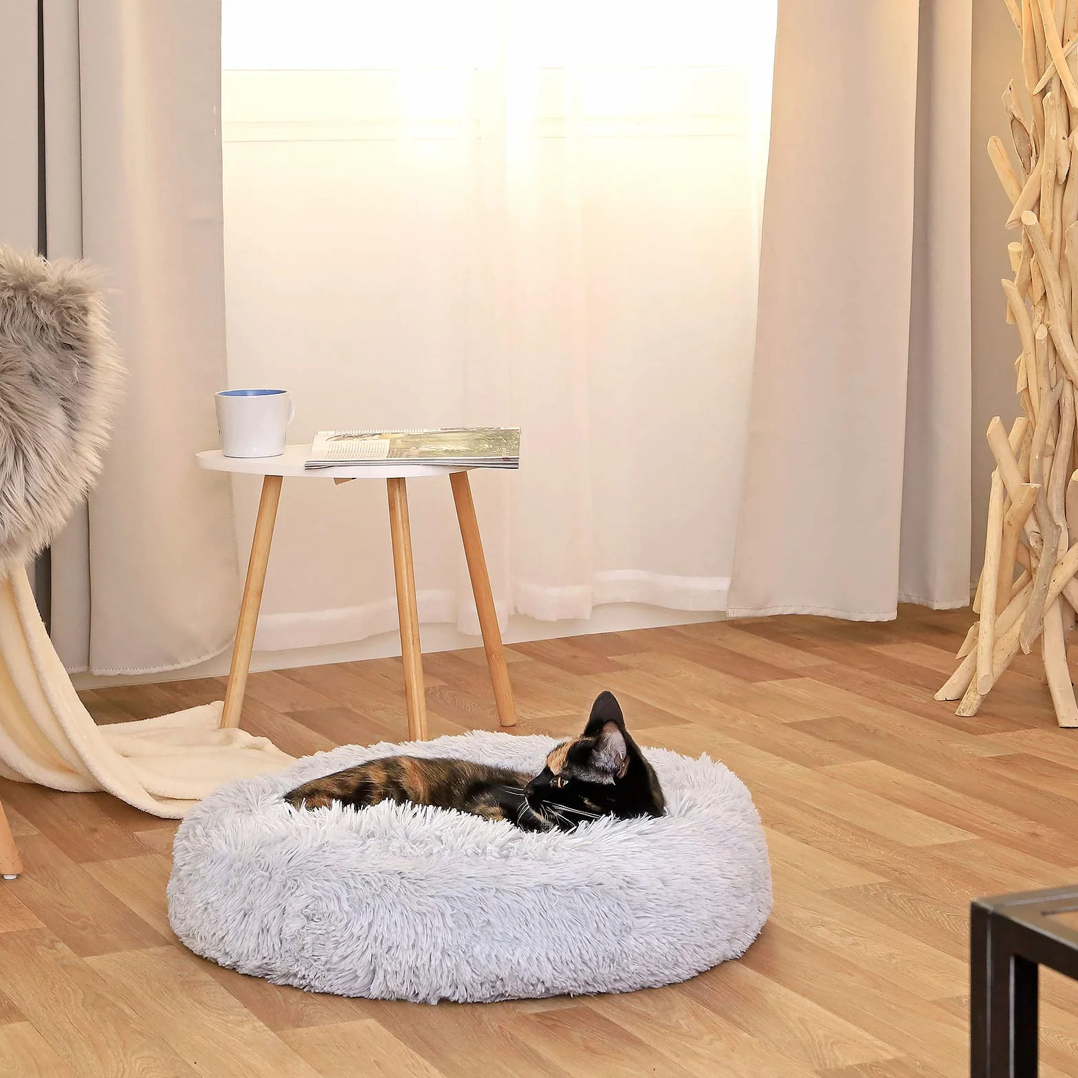 Lit Donut pour Chiens et Chats Ø40 cm, Coussin Rond Moelleux avec Rembourrage Extra épais, Gris Clair