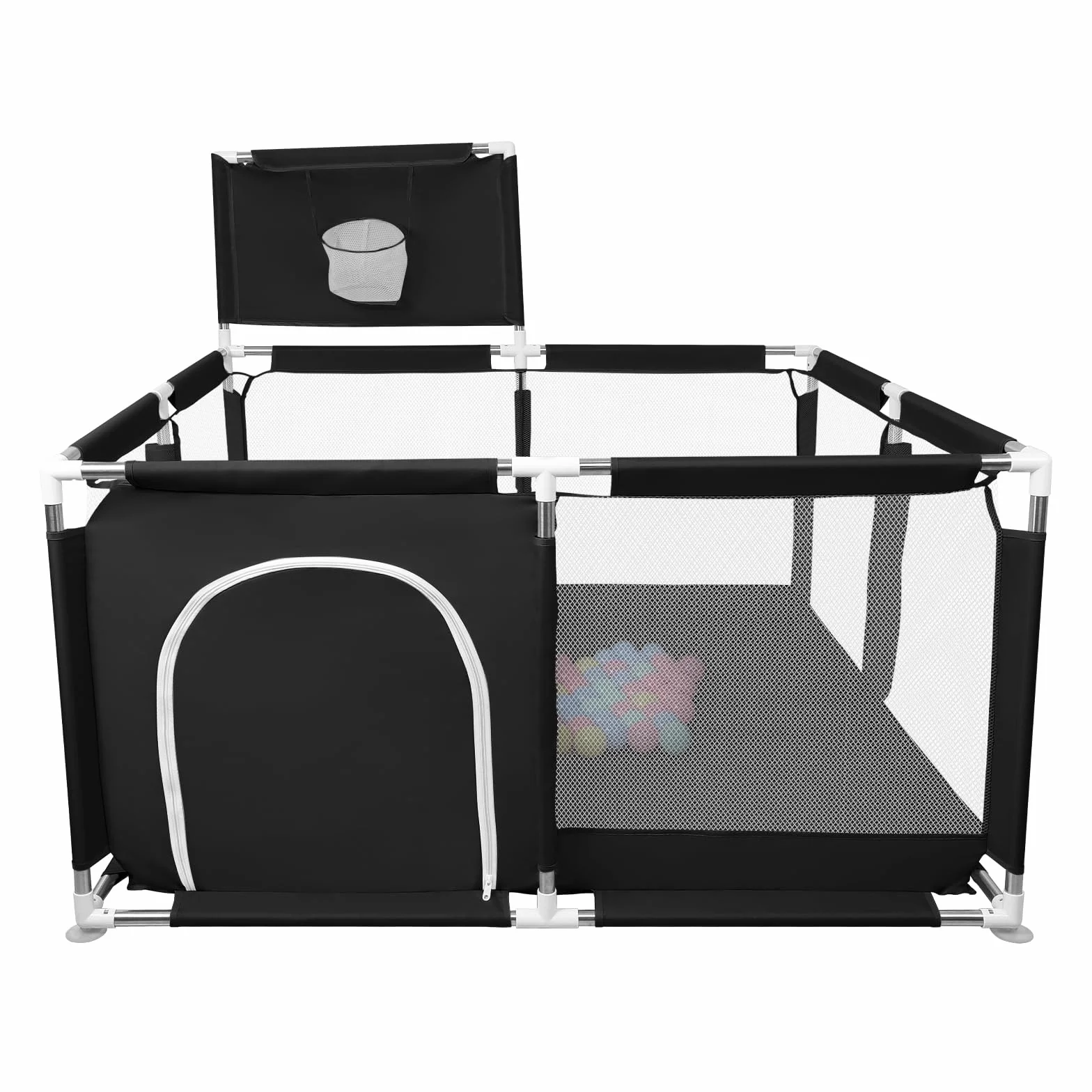 Parc à Chiots avec Porte, Clôture Solide en Tissu épais et Filet Nylon, 126x126x66cm, Noir