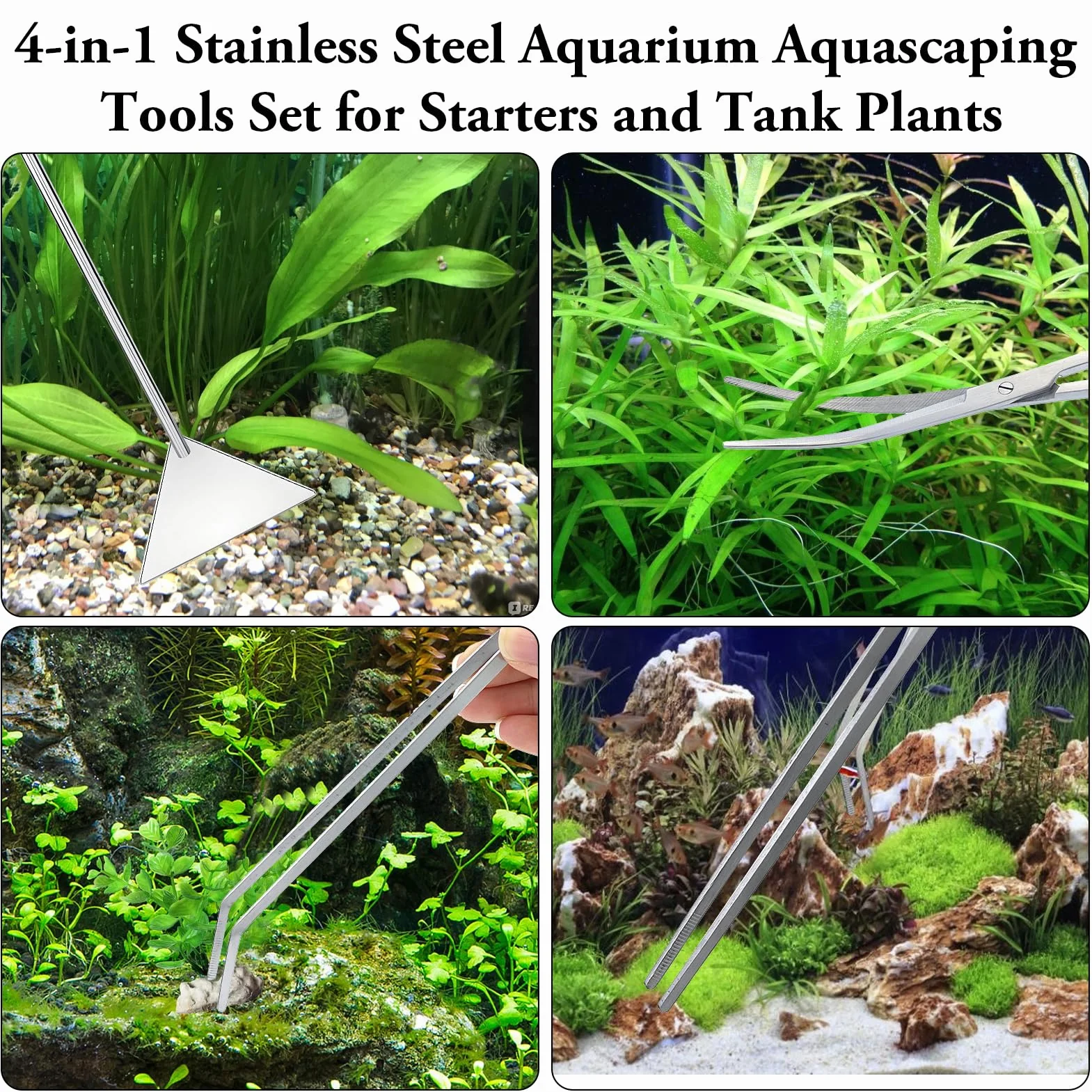 Aquarium Aquascaping Kit 4 Pièces Acier Inoxydable Pincettes Ciseaux Spatule Sac Rangement