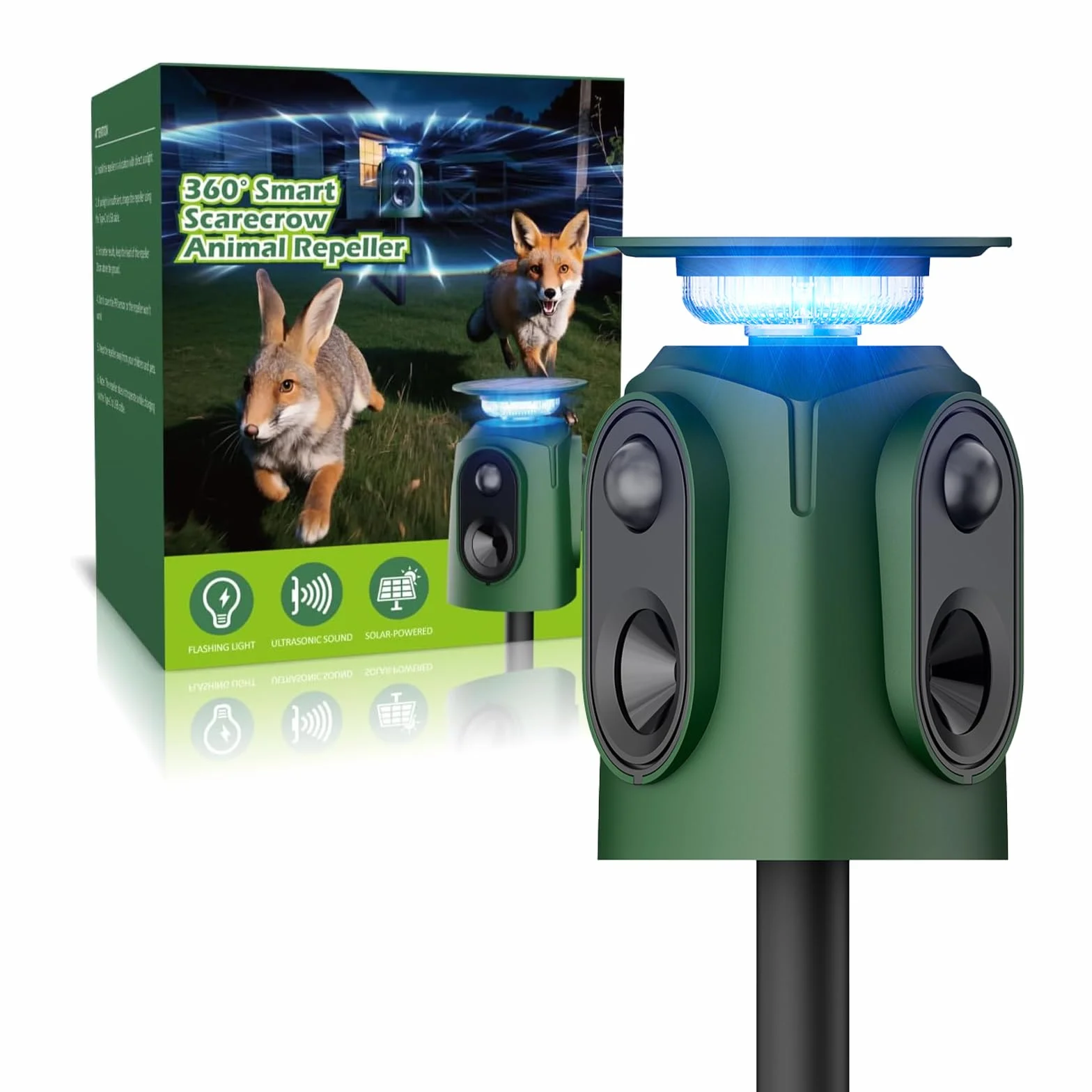 Repulsif Chat Exterieur Solaire Jkevow 360° Ultrason avec Détecteur Flash 5 Modes pour Chats Chiens Souris