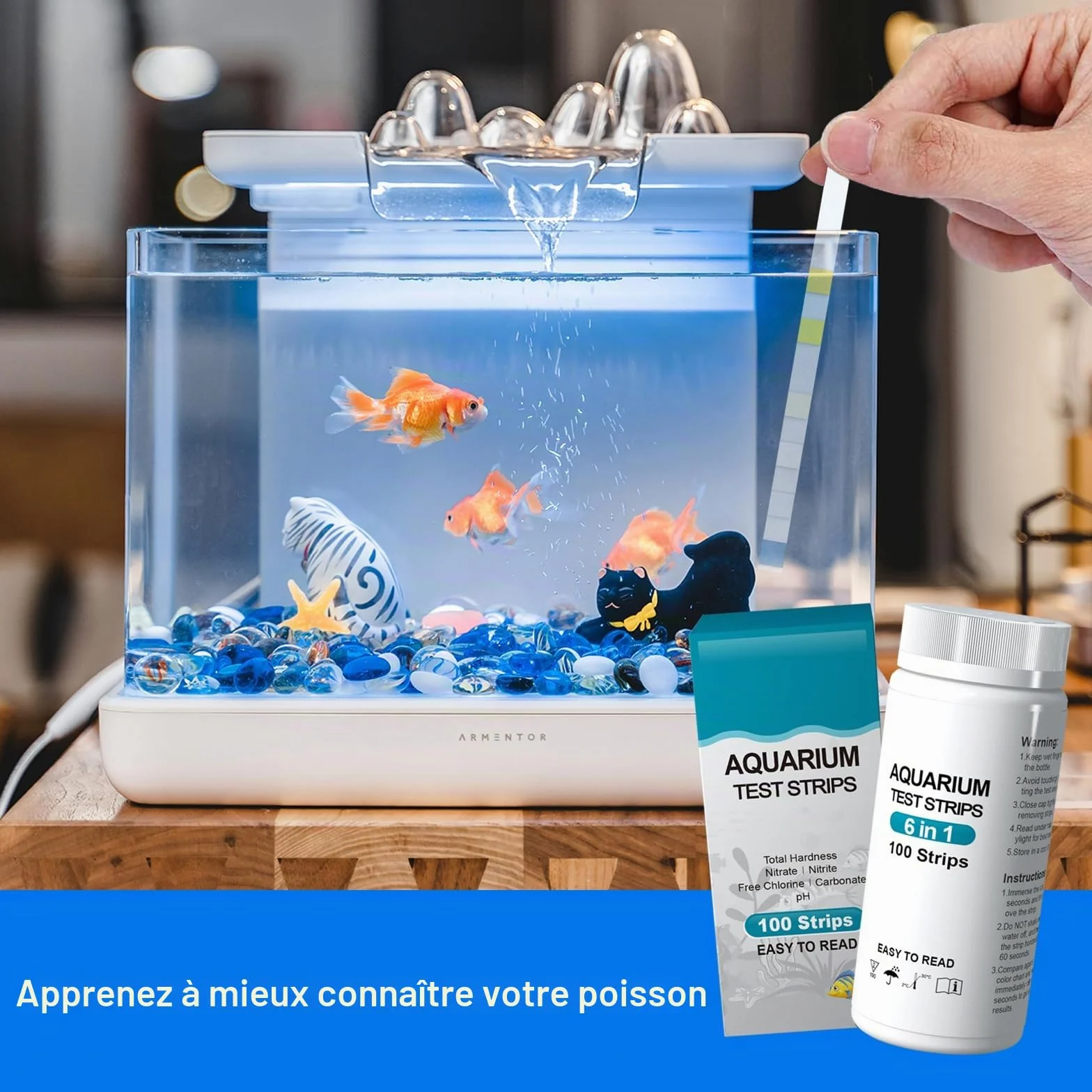 Lot de 100 bandelettes de test 6 en 1 pour aquarium pH nitrite nitrate chlore dureté carbonatée générale eau salée eau douce