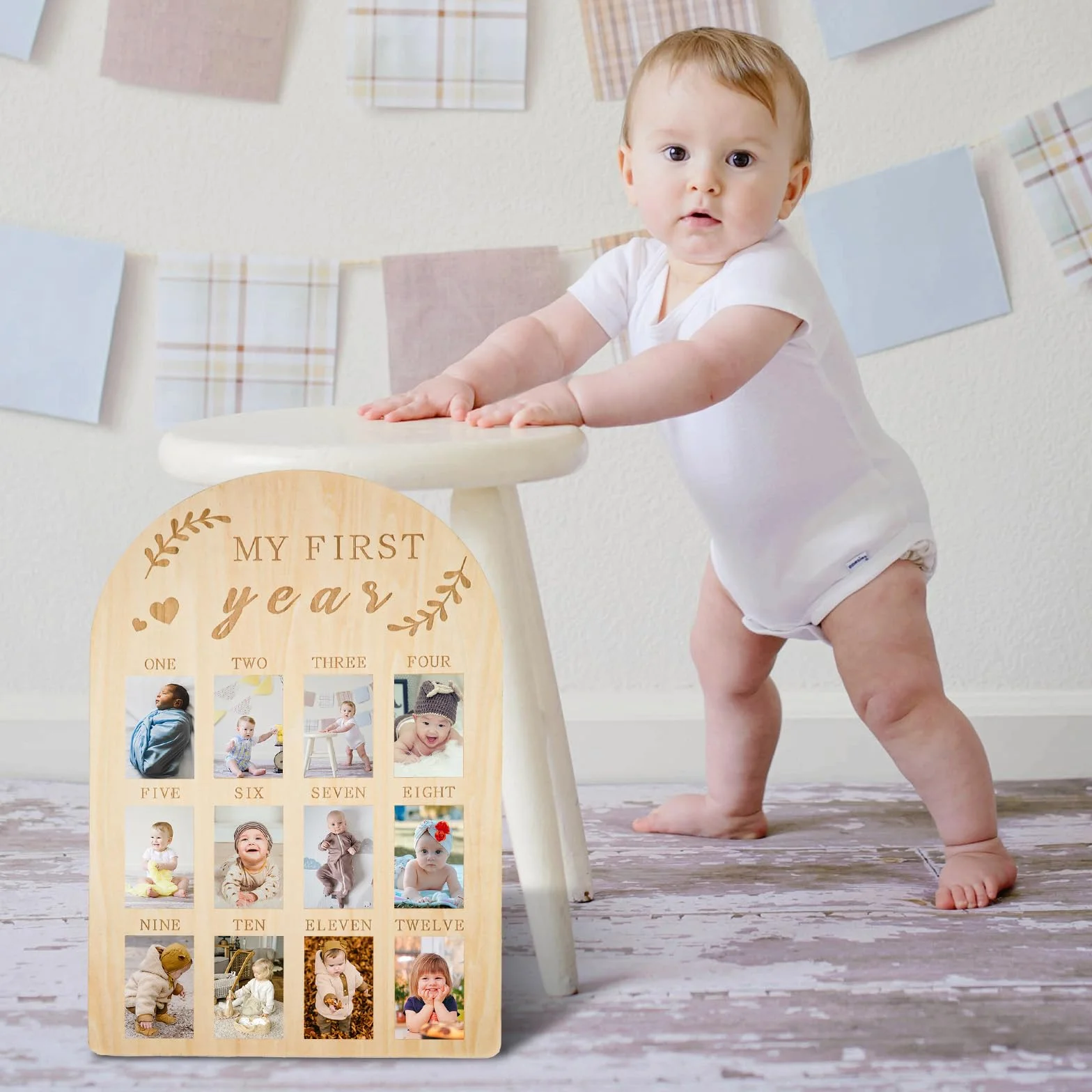 Cadre Photo Bébé My First Year 12 Mois en Bois Personnalisé pour Décorations de Chambre d'Enfant