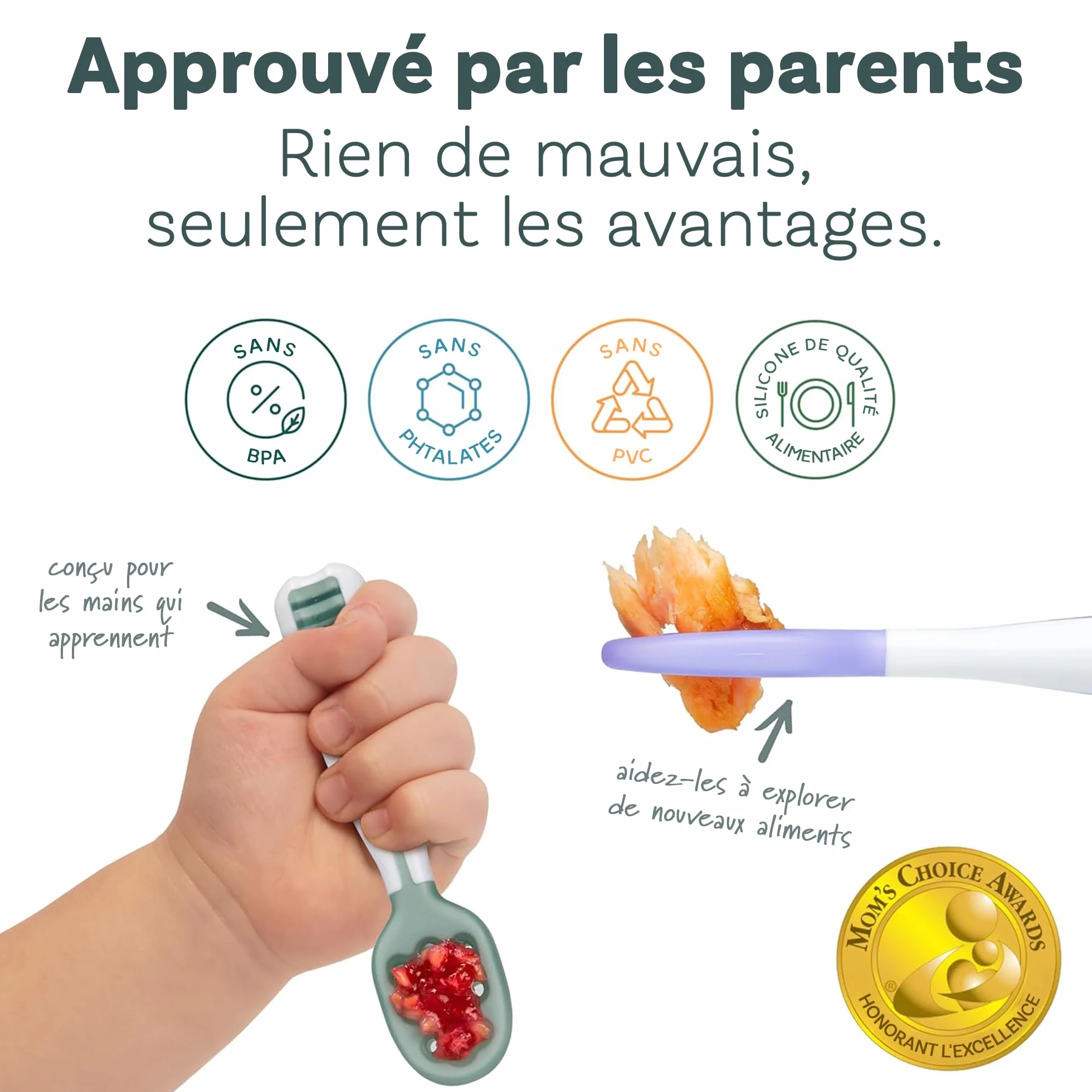 NumNum GOOtensils Cuillère Bébé 1er Âge - Étape 1+2 Silicone - Lot de 2 (Bleu/Orange)
