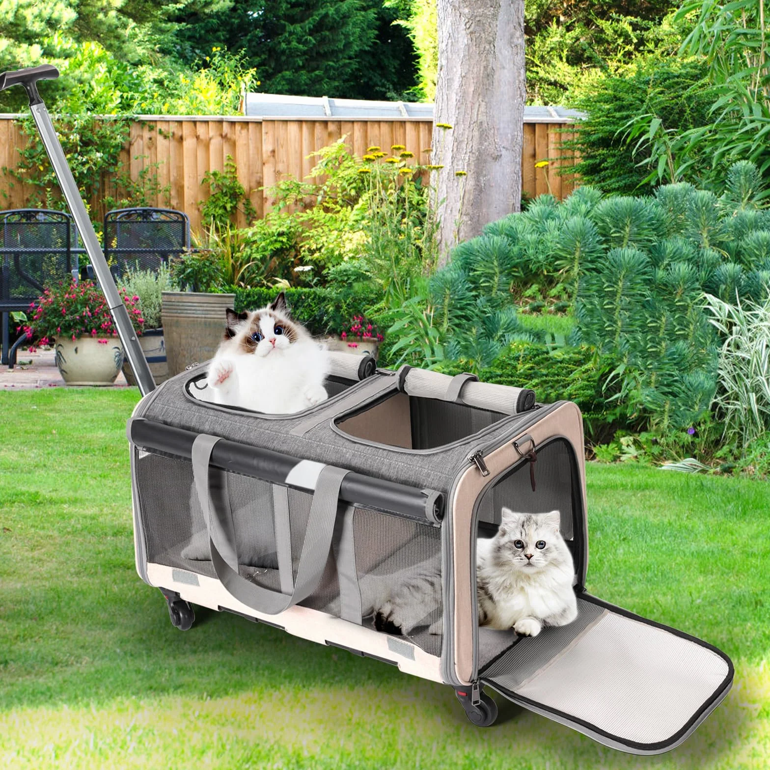 Sac de transport à roulettes double compartiment pliable pour 2 chats et chiens, respirant pour voyage randonnée