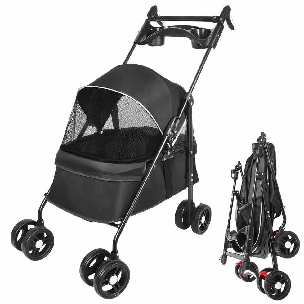 Poussette de voyage pliable pour chien et chat avec roues, porte-gobelet, auvent réglable