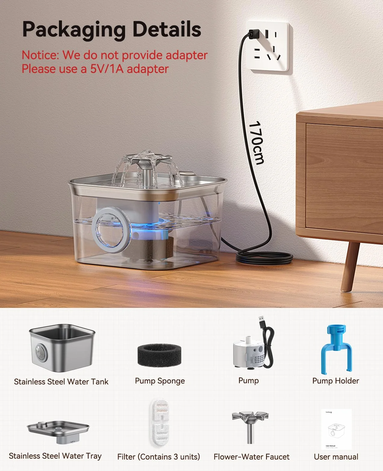 FEELNEEDY Fontaine à Eau pour Chat INOX 2,8L avec 3 Filtres, Système Quadruple Filtration