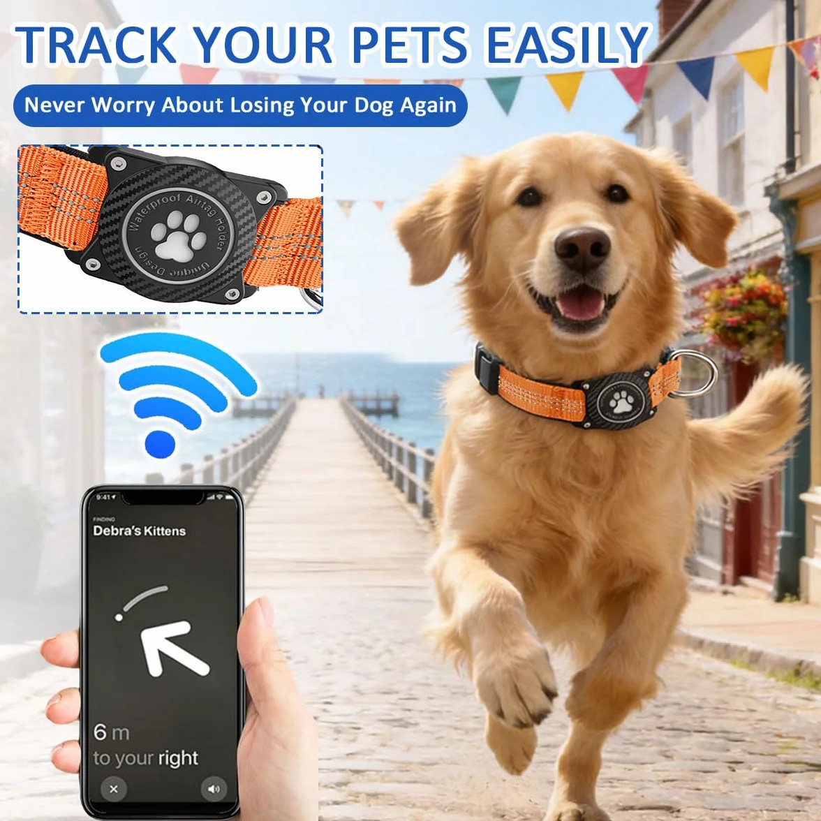 Collier Airtag pour Chien, Support Lumineux Étanche, Collier Réglable en Nylon Réfléchissant pour Apple Air Tag, Orange