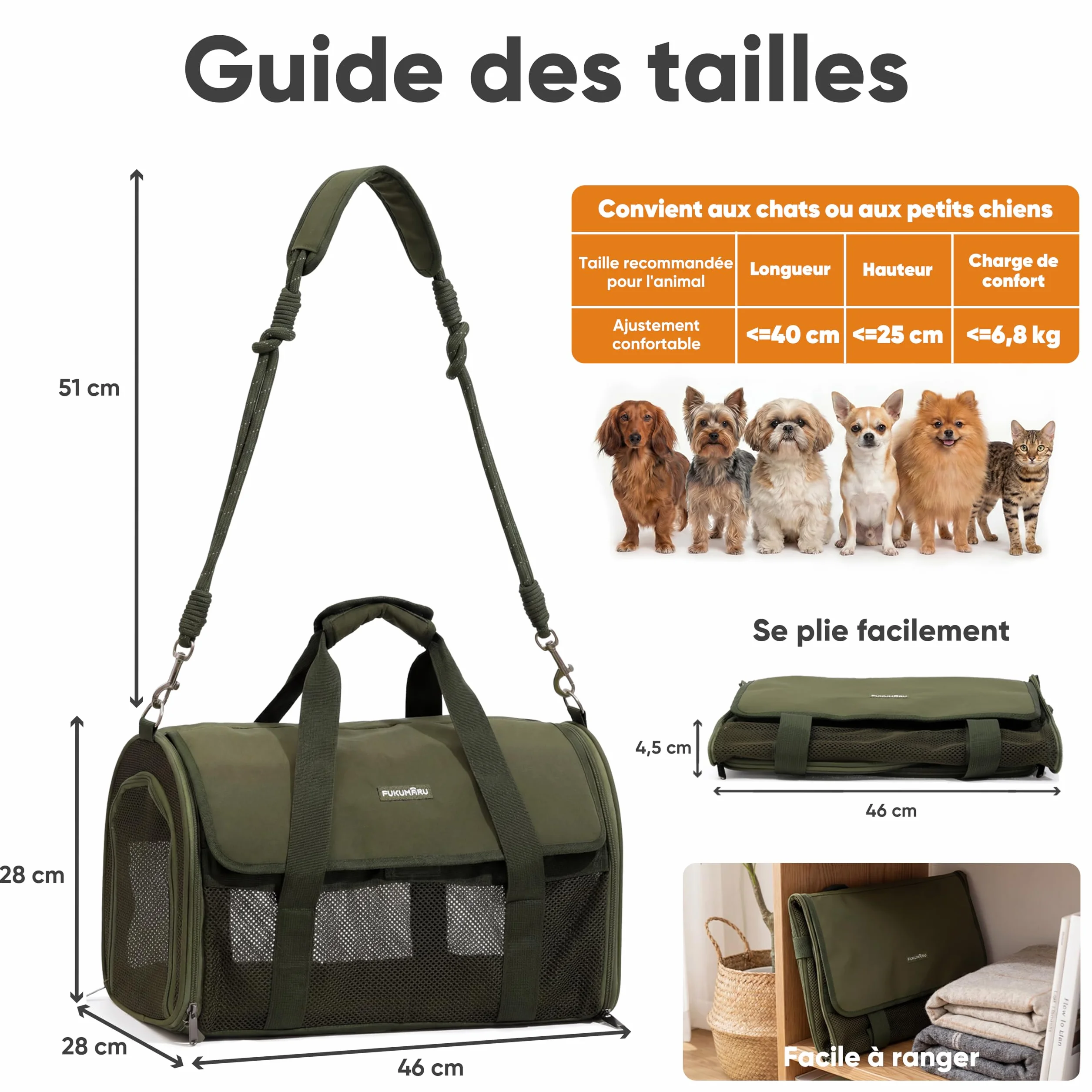 FUKUMARU Sac de Transport pour Chat, Léger, Aéré, 45x28x28 cm, Approuvé Cabine, Pliable, Vert