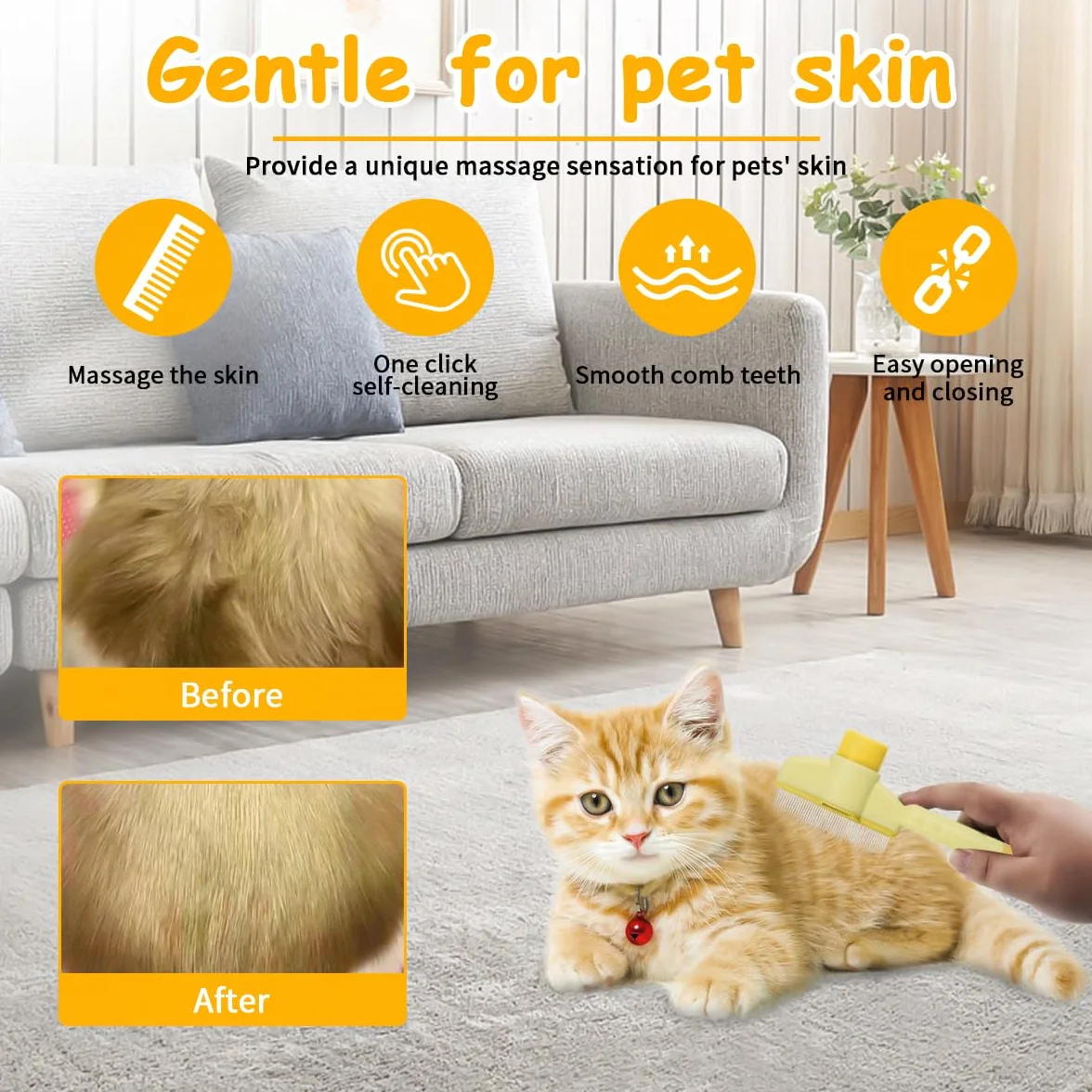 Peigne anti-puces autonettoyant pour chats, brosse de toilettage animaux, avec bouton pour nettoyage rapide (jaune)