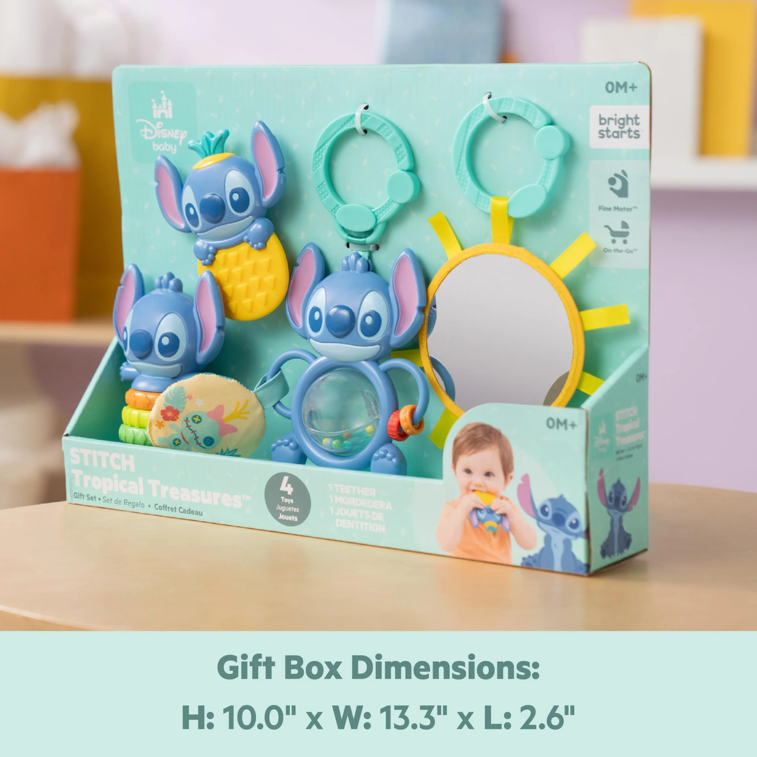 Bright Starts Disney Baby Stitch Coffret Cadeau Trésors Tropicaux 4 Jouets Miroir Anneau Dentition Nouveau-nés