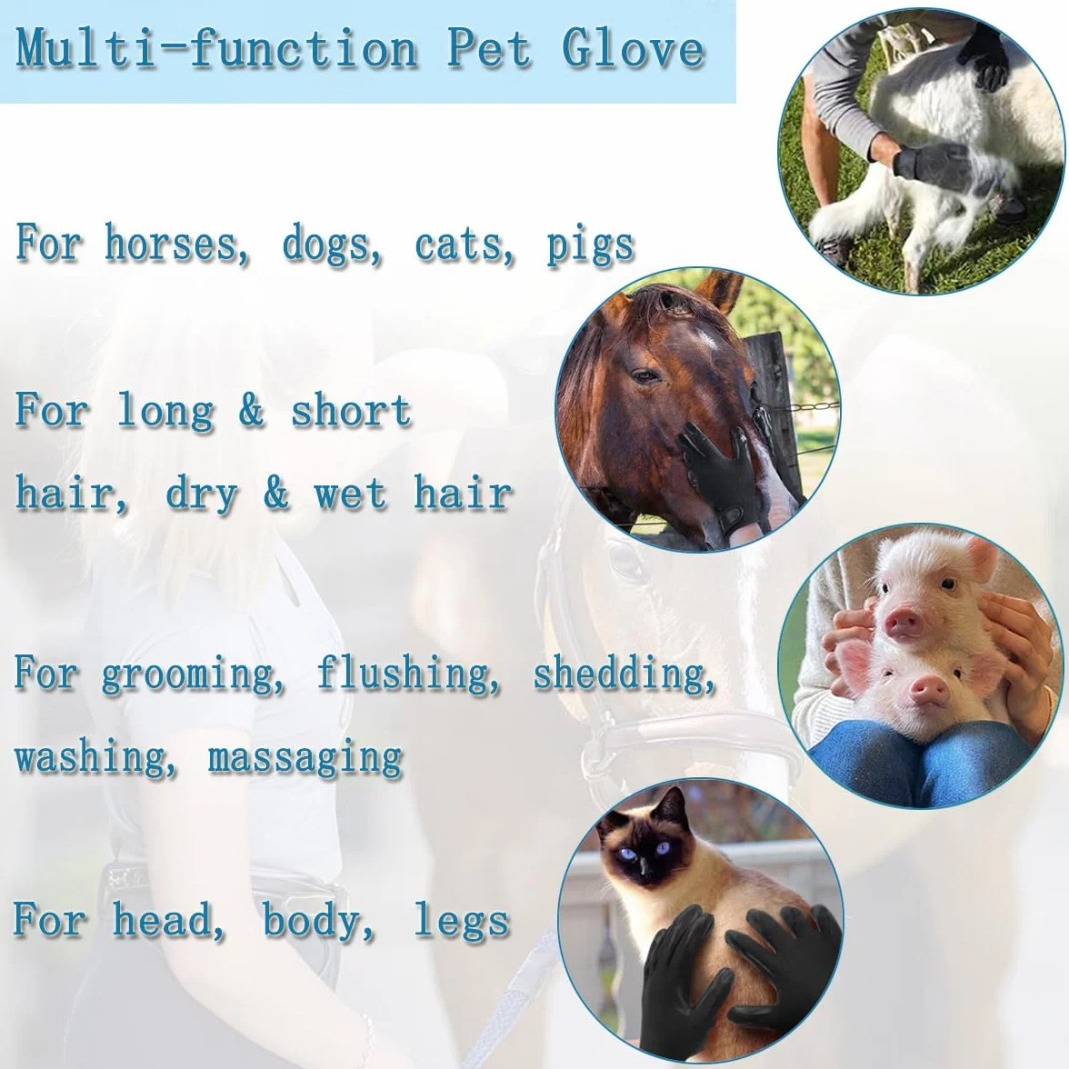 Gants de toilettage pour chien brosse de massage multifonctionnelle en caoutchouc respirant pour chiens chats chevaux fourrure longue courte
