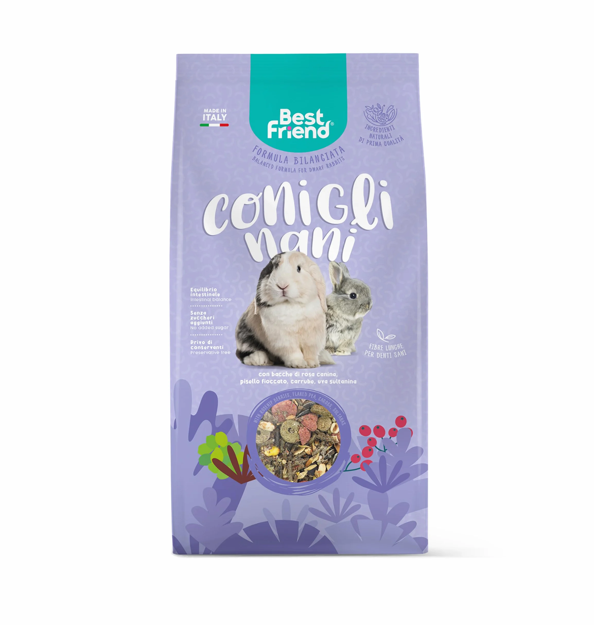 Best Friend Aliment Complet pour Lapins Nains avec Baies de Rose musquée, Pois floqué, caroube, Raisin sultanine. Aliments pour rongeurs avec ingrédients naturels, fabriqués en Italie | Lot de 6
