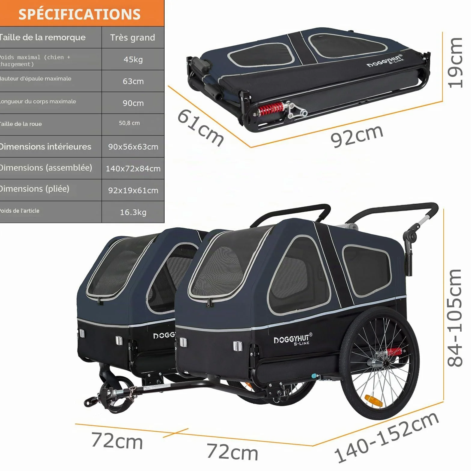 Remorque de vélo pour chiens DOGGYHUT® S-Line XL 45,4 kg, pliable, roues de suspension, frein de stationnement