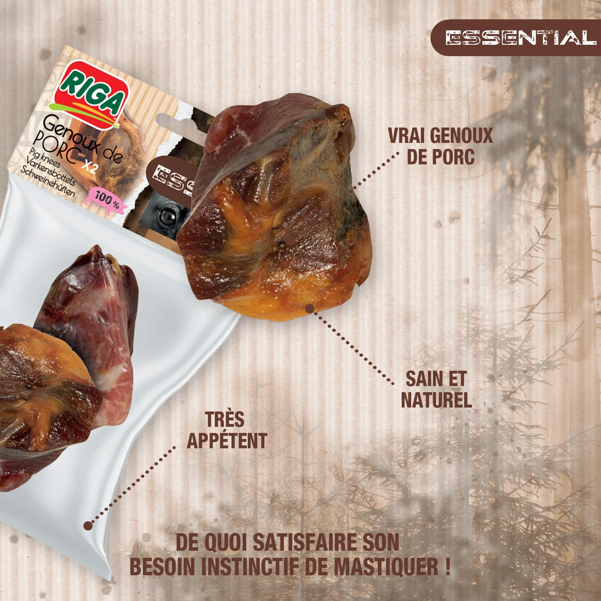 Friandises pour Chien Genoux de Porc Riga Essential Riche en Protéines sans Colorant ni Additifs Longue Durée Mastication x 2