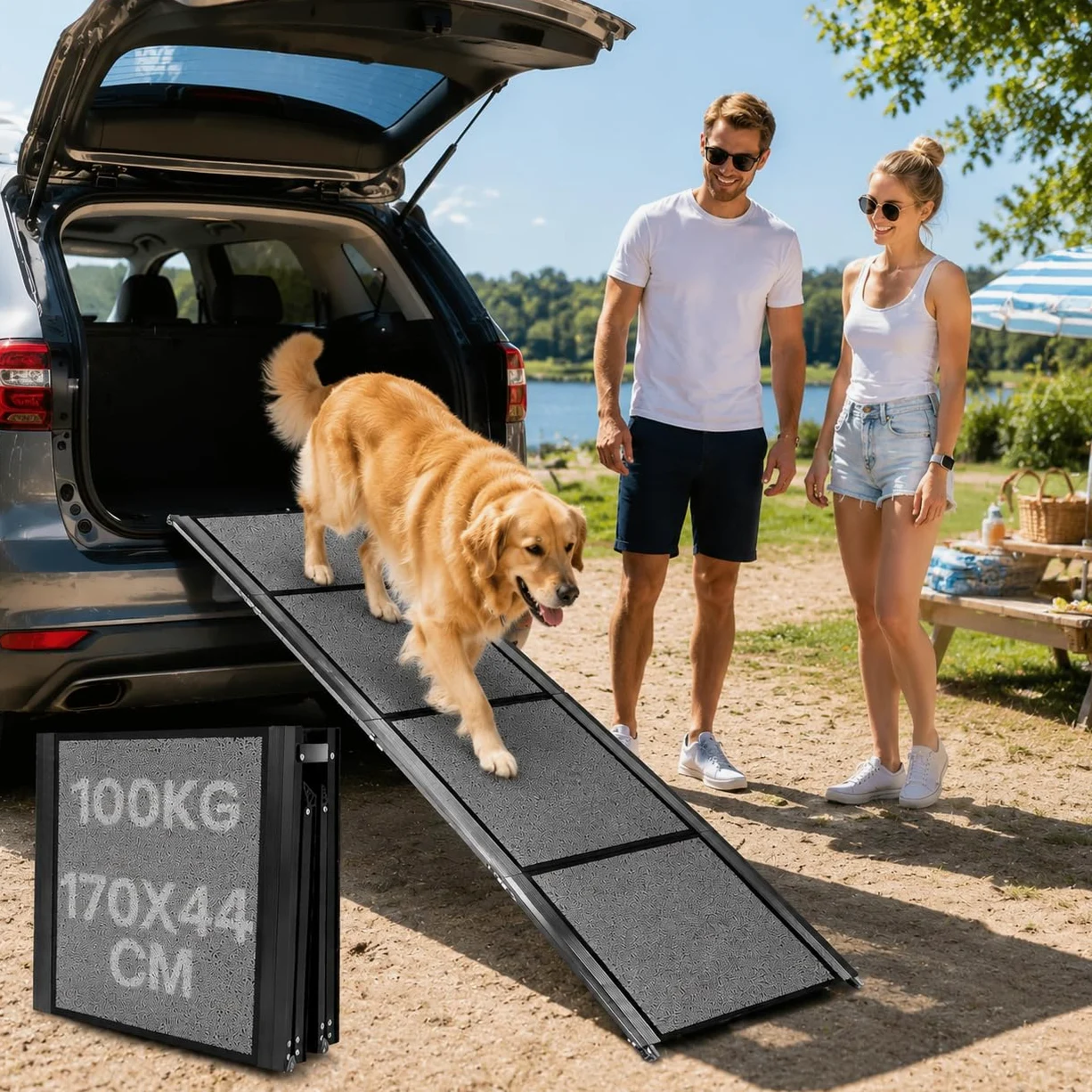 Rampe de voiture pliable pour chien - 170 x 44 cm - Extra large - Pour grands chiens jusqu'à 110 kg - Rampe de coffre de voiture antidérapante - Pour SUV, camion et lit mezzanine - Noir