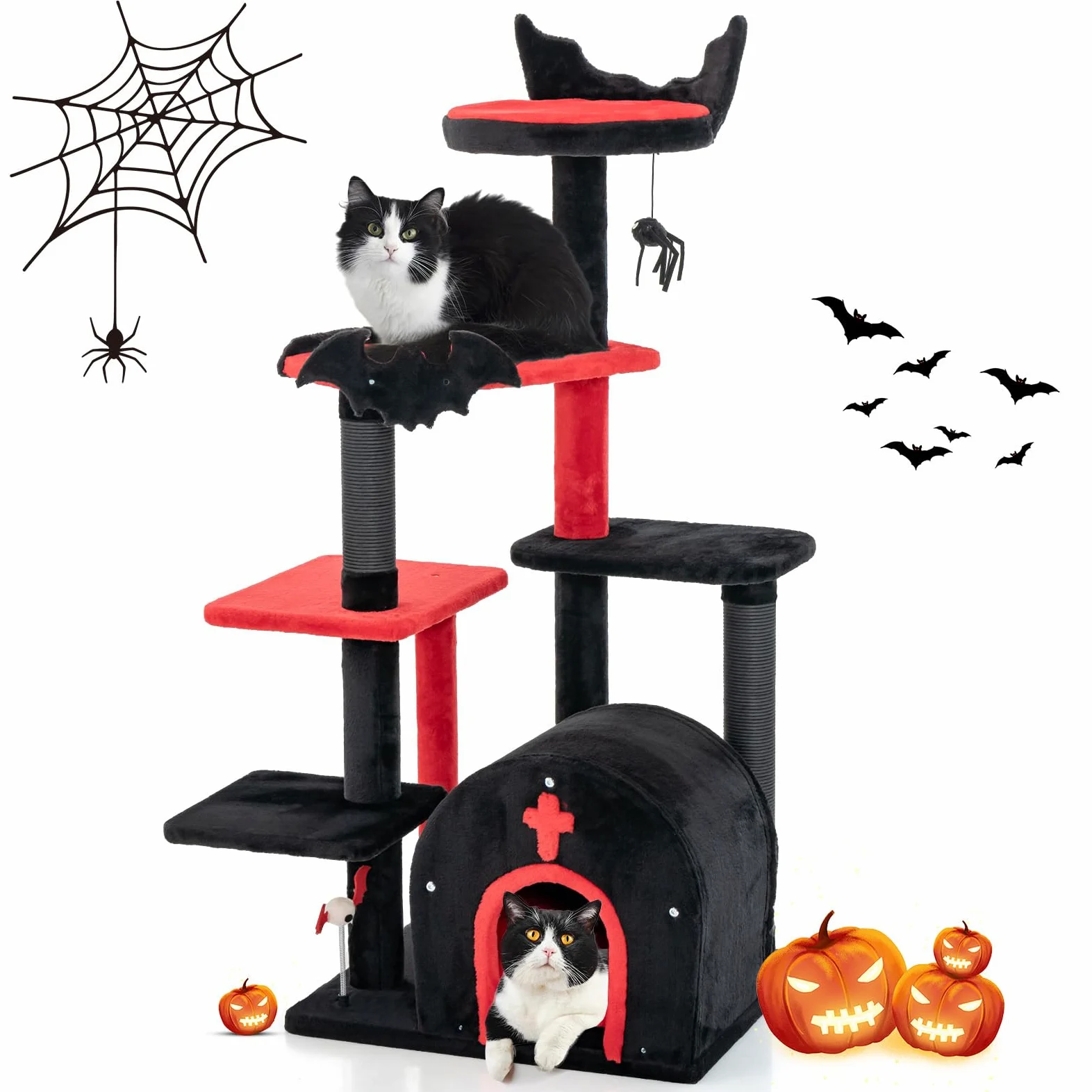GOPLUS Arbre a Chat Style Gothique, Hauteur 133 CM, Arbre a Chat XXL à 6 Niveaux avec Poteaux à Gratter Sisal, Perchoir, Hamac, Niche Forme Coffin avec Coussin Amovible, Jouet Suspendu, Rouge et Noir