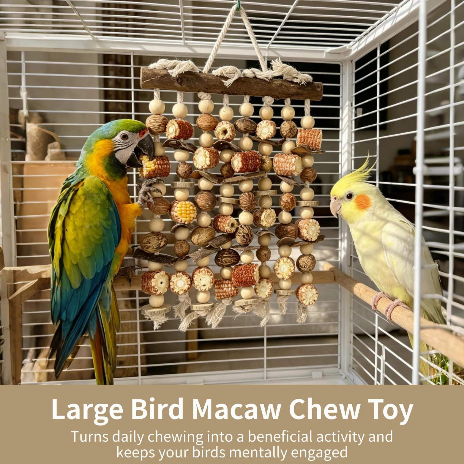 Grand jouet à mâcher pour perroquet naturel à suspendre avec épis de maïs, accessoires de cage à oiseaux pour aras, cacatoès, perroquets de grande et moyenne taille