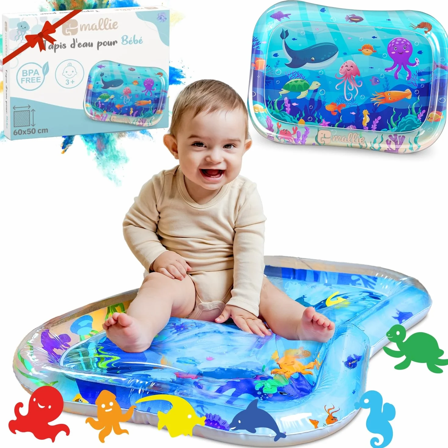 Mallie Tapis d'Eau Bébé Éveil, Tapis de Jeu pour Tummy Time 0-6 Mois, Tapis Gonflable Fille Garçon