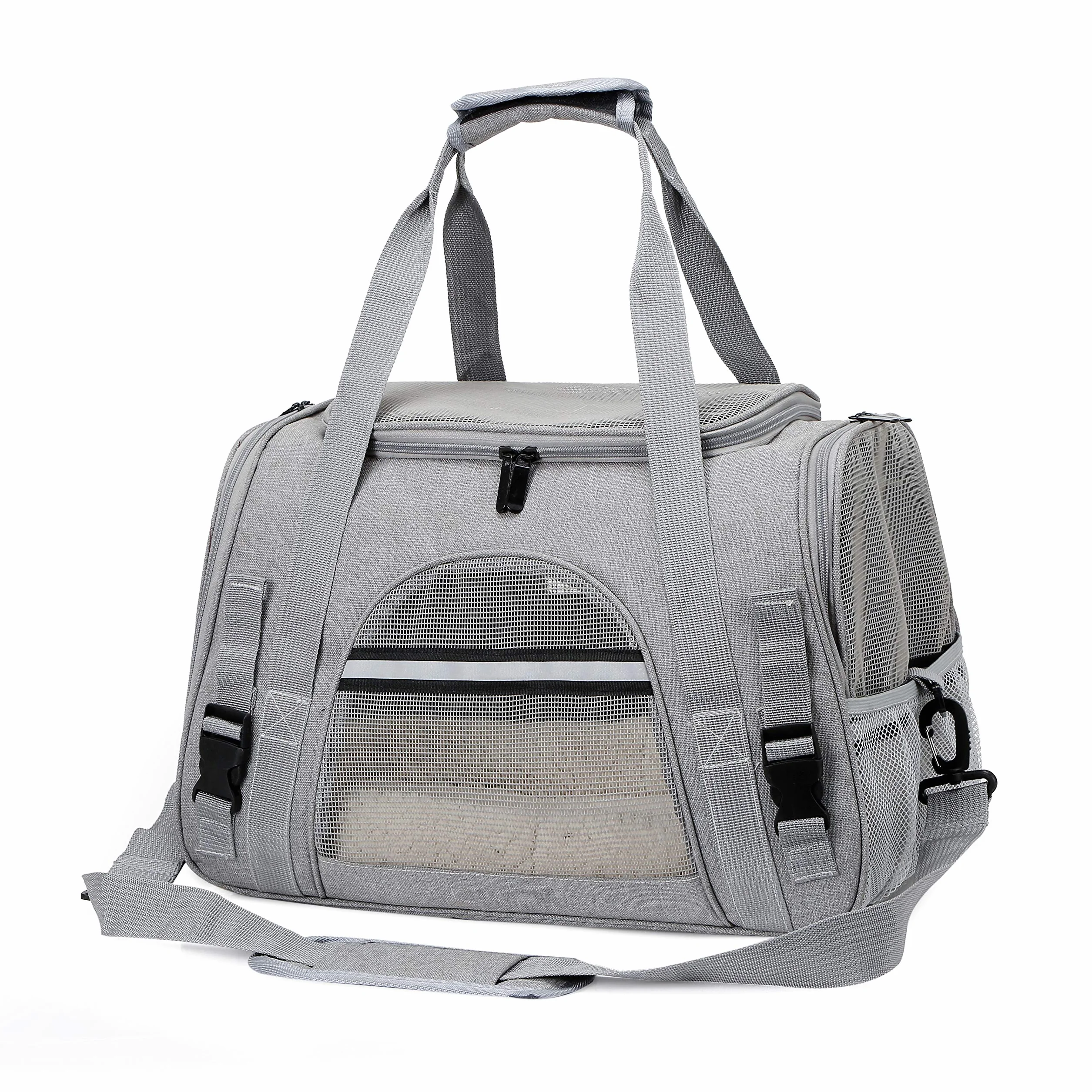 Sac Transport Chat Chien Respirant Pliable Caisse avec Bandoulière Réglable Matelas en Peluche Amovible