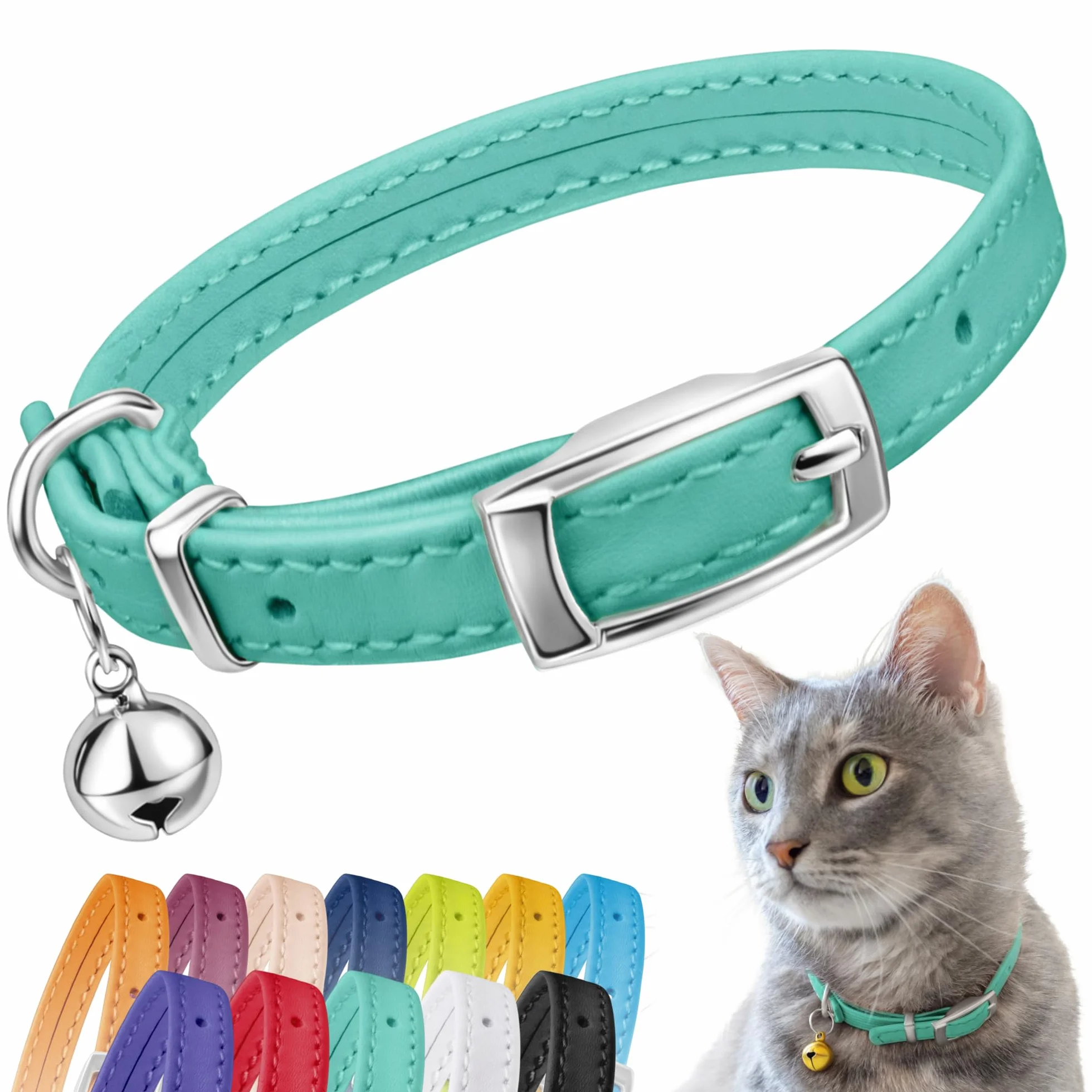 Collier pour Chat en Cuir de Sécurité avec Sangle Elastique, Cloche pour Chaton - Noir, Bleu, Rouge, Orange, Vert Lime (20-28 cm)
