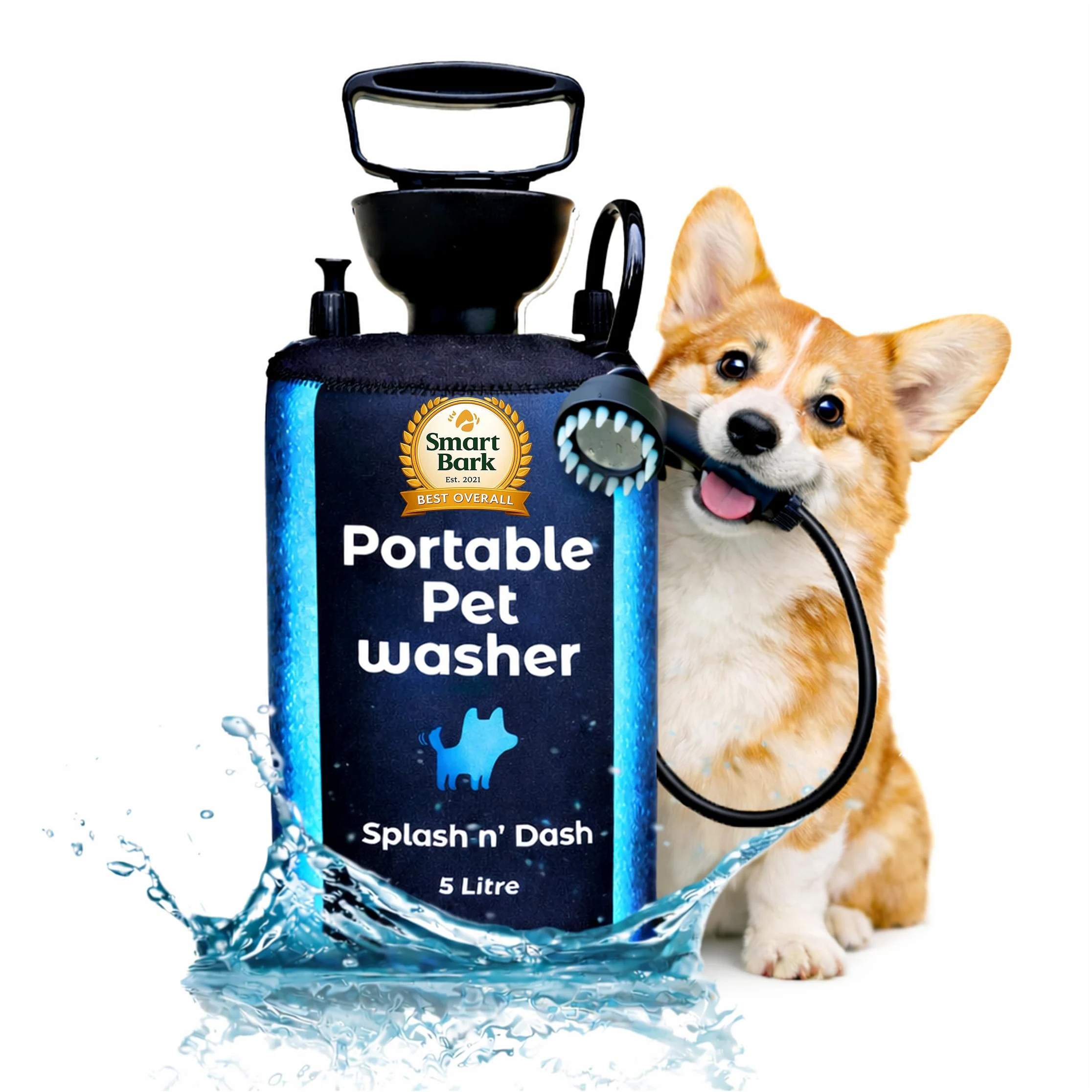 Splash n' Dash Douche portable pour chien 5 litres - Kit de douche manuel avec tête de brosse et veste en néoprène - Lave-chien portable pour la maison, les voyages ou l'extérieur