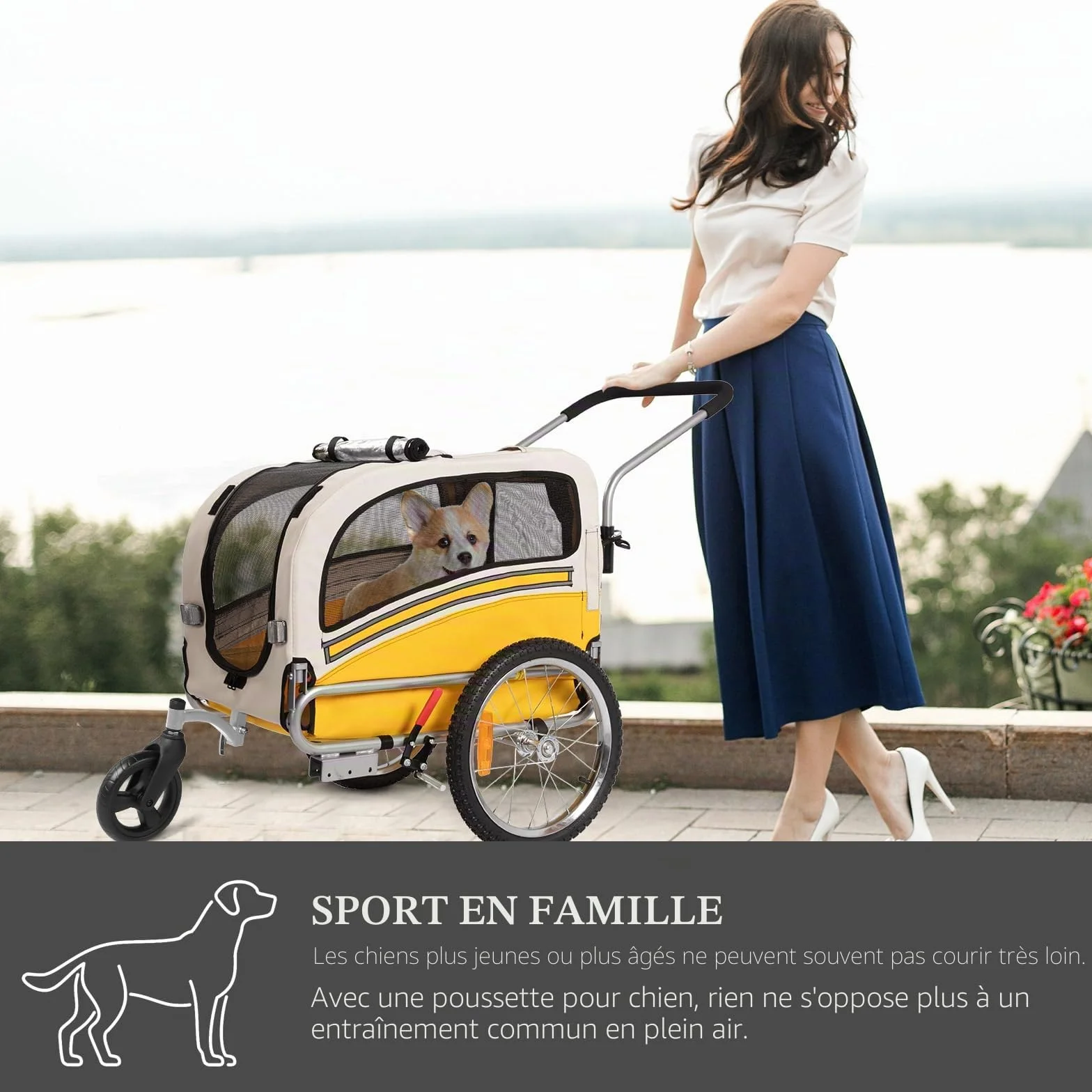 Remorque pour Chien 2 en 1 Vélo Jogging, Chariot Transport 30 kg Pliable avec Freins