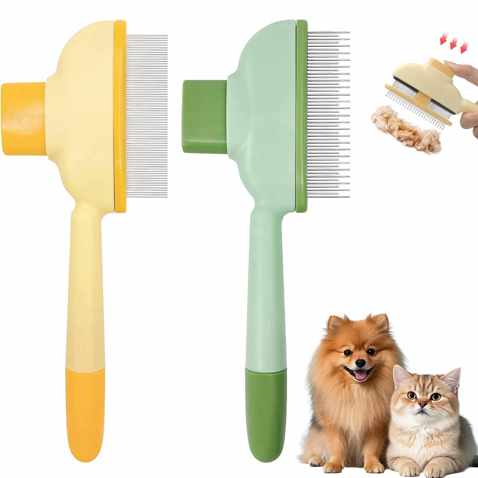 Lot de 2 peignes autonettoyants pour chat - Brosse à poils longs et courts - Orange et vert
