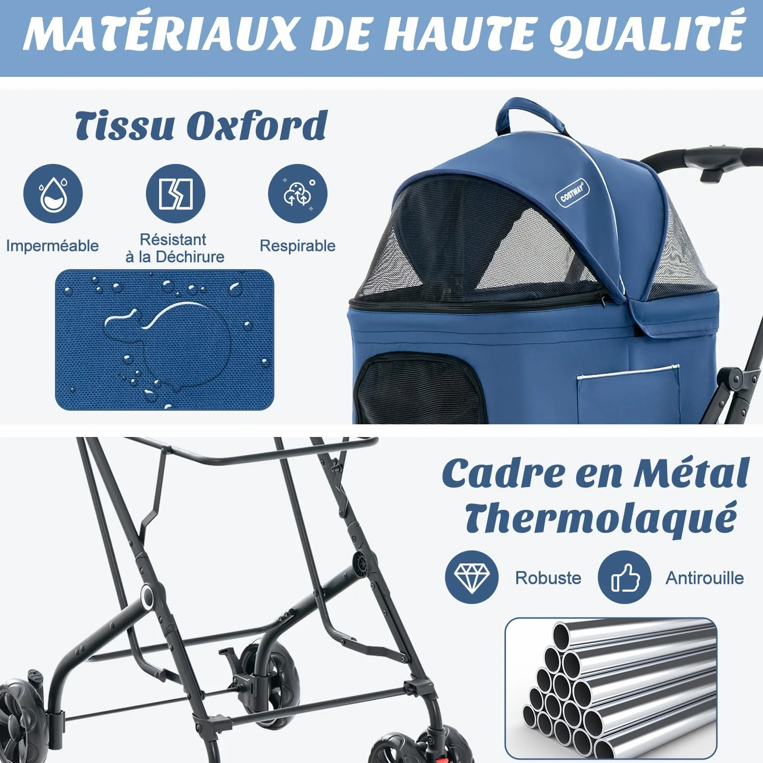 GOPLUS 3 en 1 Poussette Pliable à 2 Niveaux pour Chien Chat, 2 Sacs Détachables, Fenêtre en Maille, Roues avec Freins, Coussins Amovibles, Chariot de Voyage pour Chiens, Chats (Bleu)