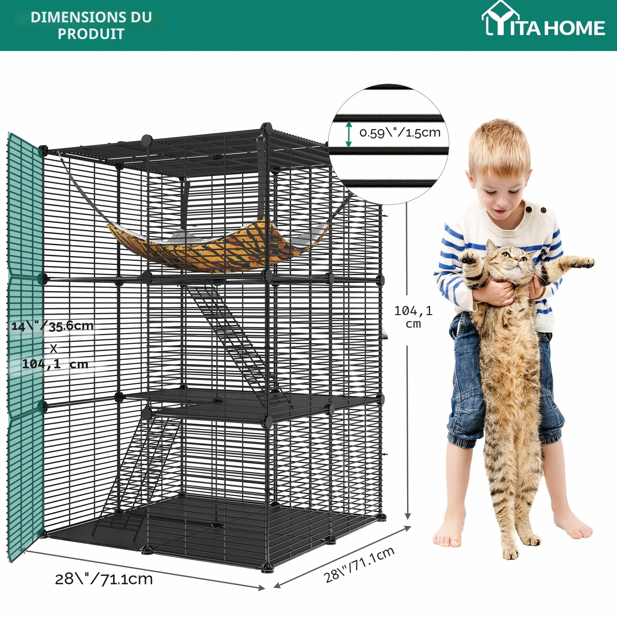 YITAHOME Cage pour Chat Extérieur/Intérieur, Enclos 3 Niveaux avec Hamac Extra Large, Fil Métallique Dense pour 1-2 Chats, Noir