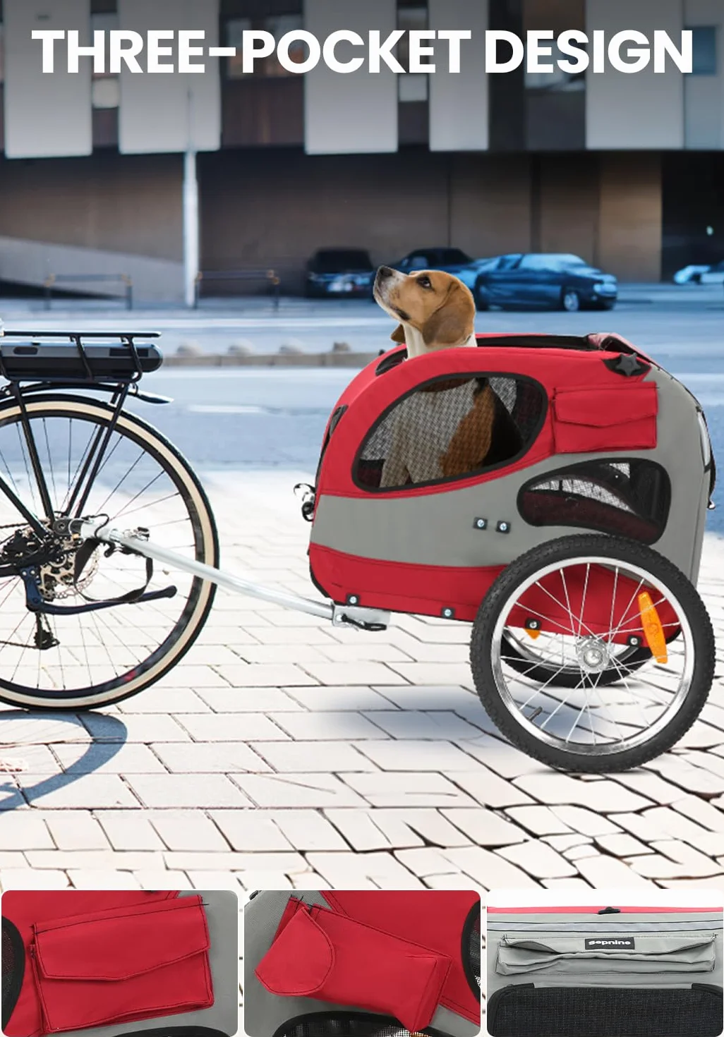 Sepnine Remorque de Vélo pour Chien M Pliable 30 kg Rouge avec Réflecteurs de Sécurité