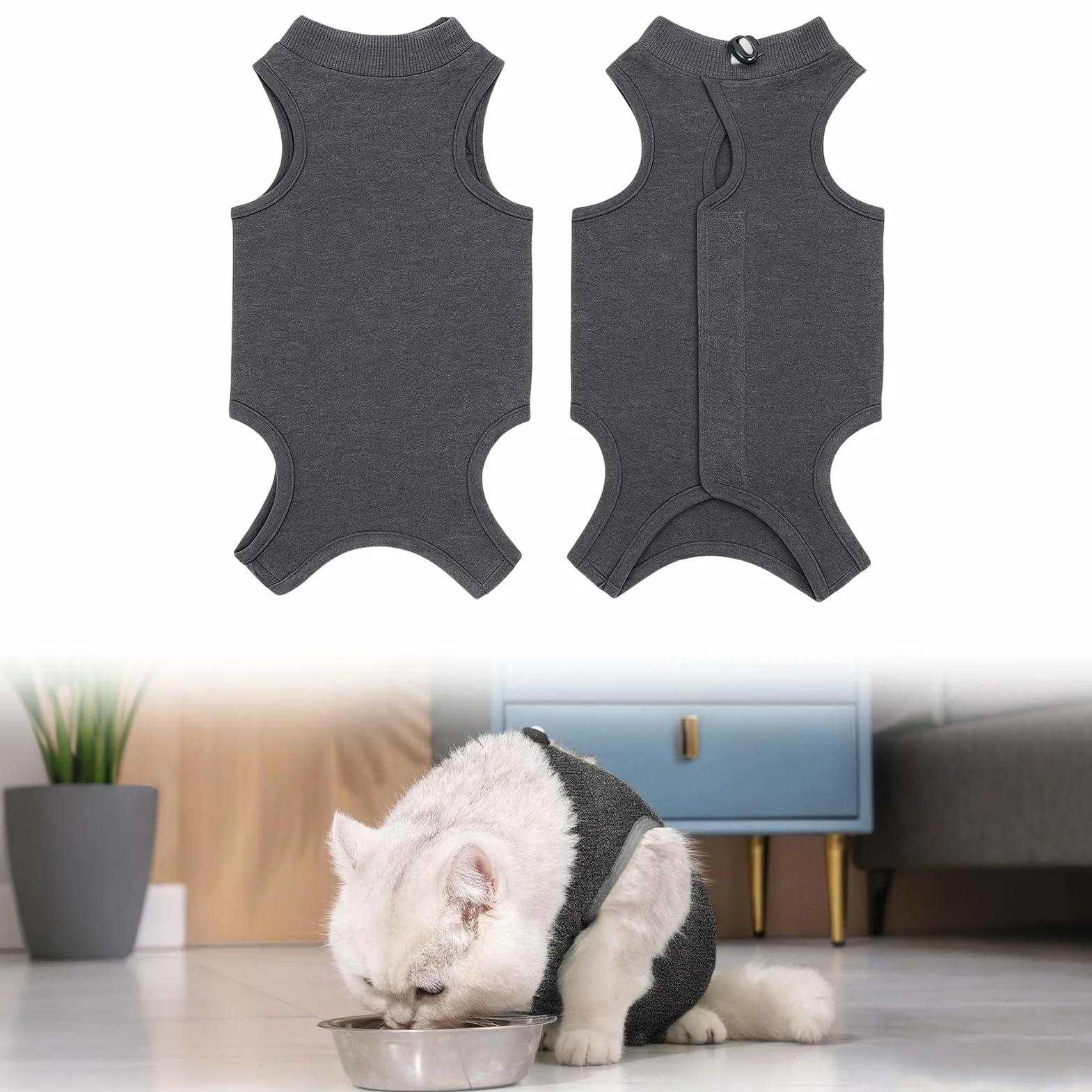 Body Chat Post Operatoire Femelle Après Stérilisation, Gilet de Récupération Gris Anti-Léchage S