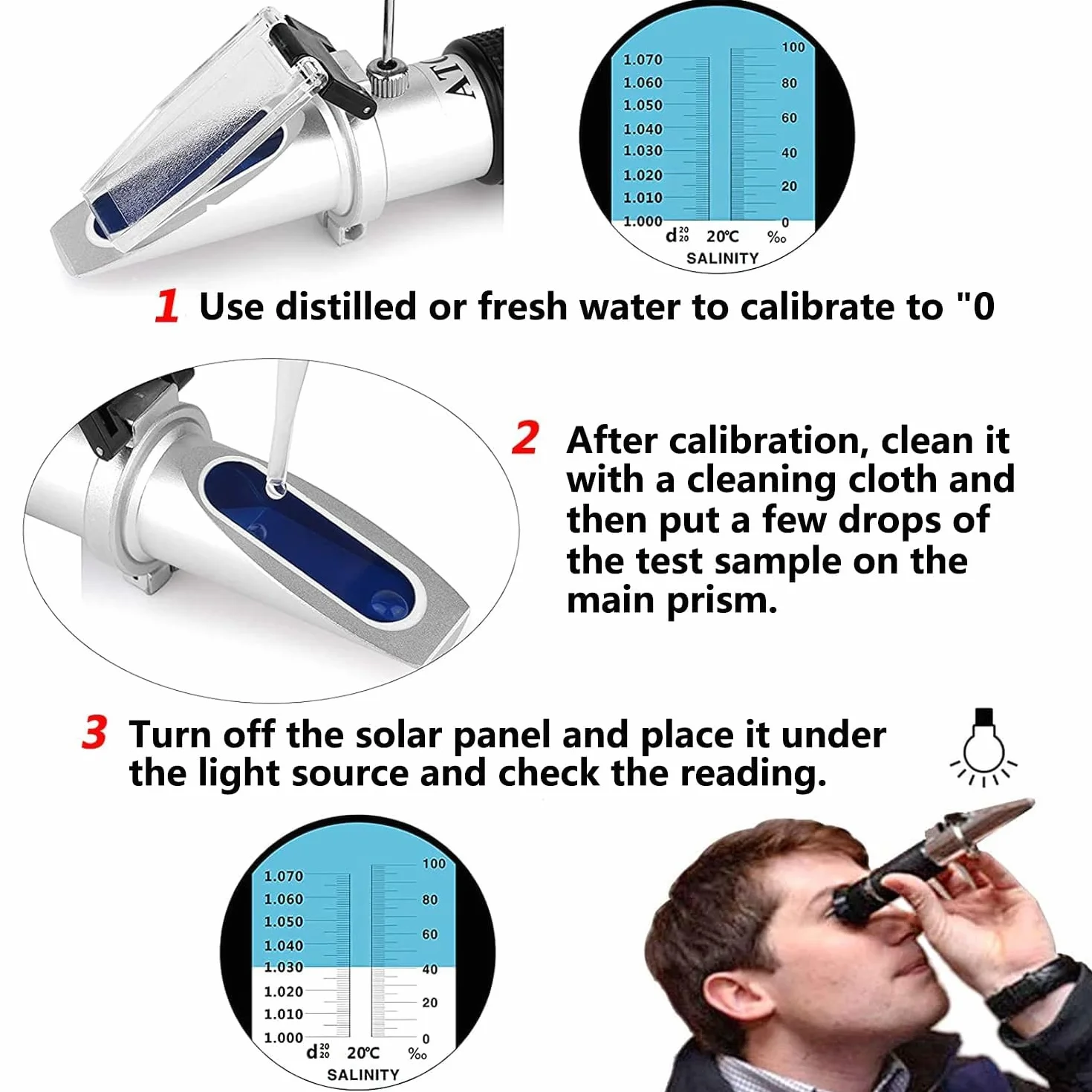 Réfractomètre de salinité 0-100% portable double échelle ATC haute précision pour aquarium eau salée