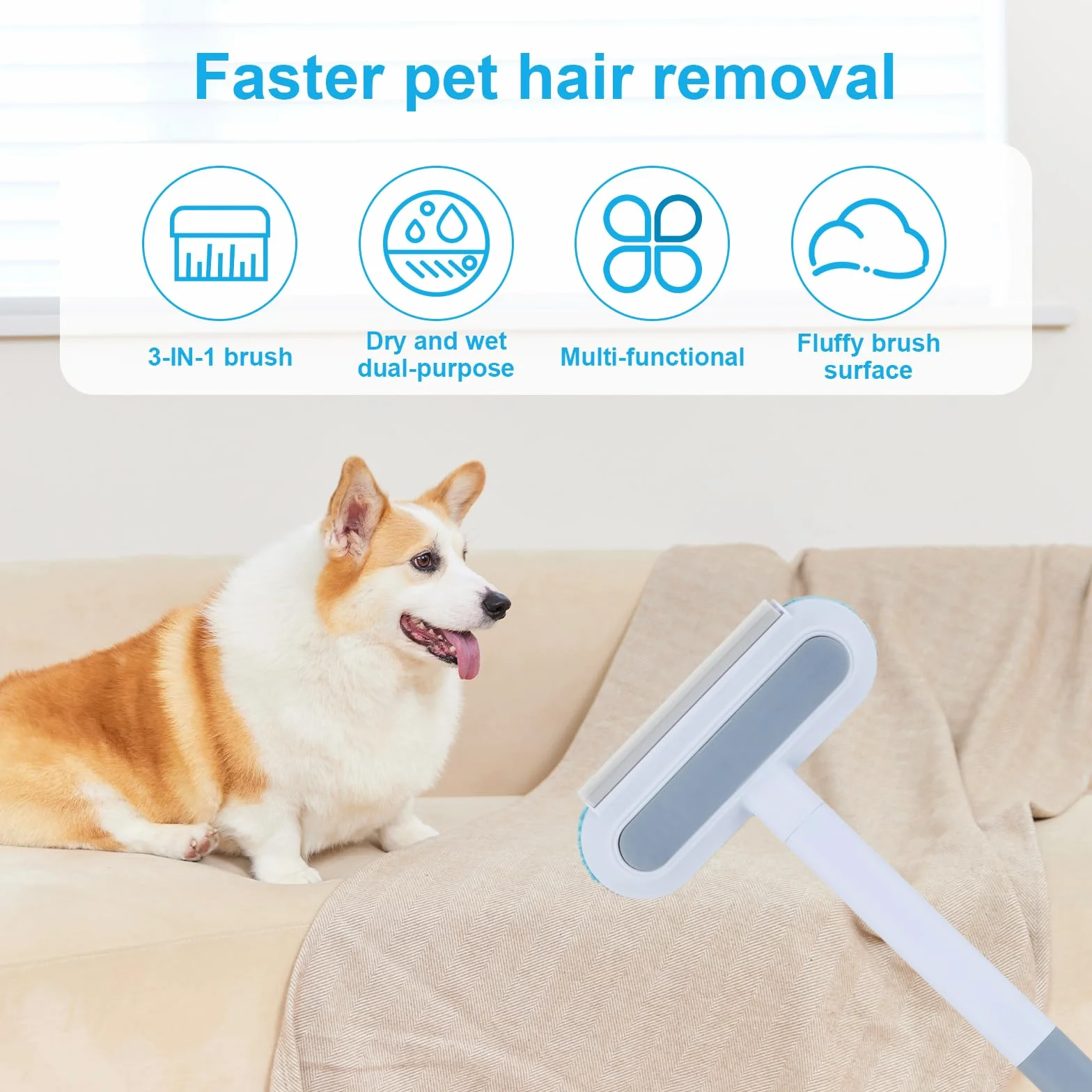 Brosses Anti Poils Animaux 4 en 1, Brosse Réutilisable Long Manche pour Chien Chat, Outil Nettoyage Canapé Tapis
