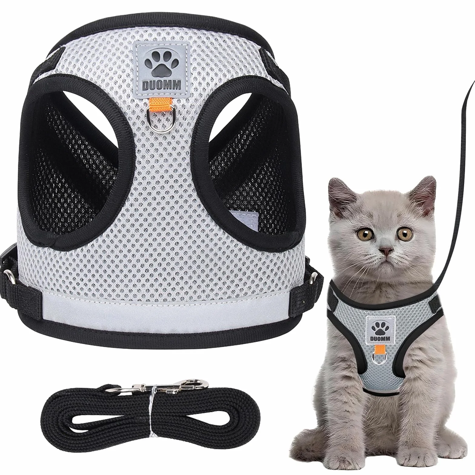 Harnais et Laisse pour Chat Anti évasion, Réglable, Réfléchissant, Gilet Respirant (M Gris)