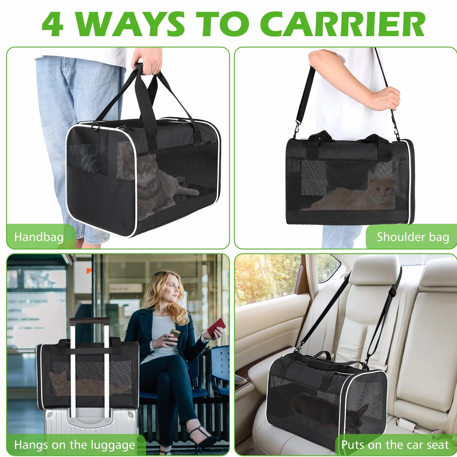 Sac de Transport pour Chat Pliable avec Coussin Amovible, 45x30x30cm, Noir, pour Animaux jusqu'à 6,5kg