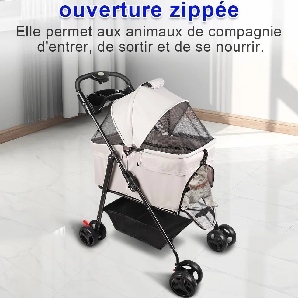 Poussette pour chien chat 3 en 1 nacelle amovible caisse transport pliable tissu 600D Oxford roues 360° fenêtre filet