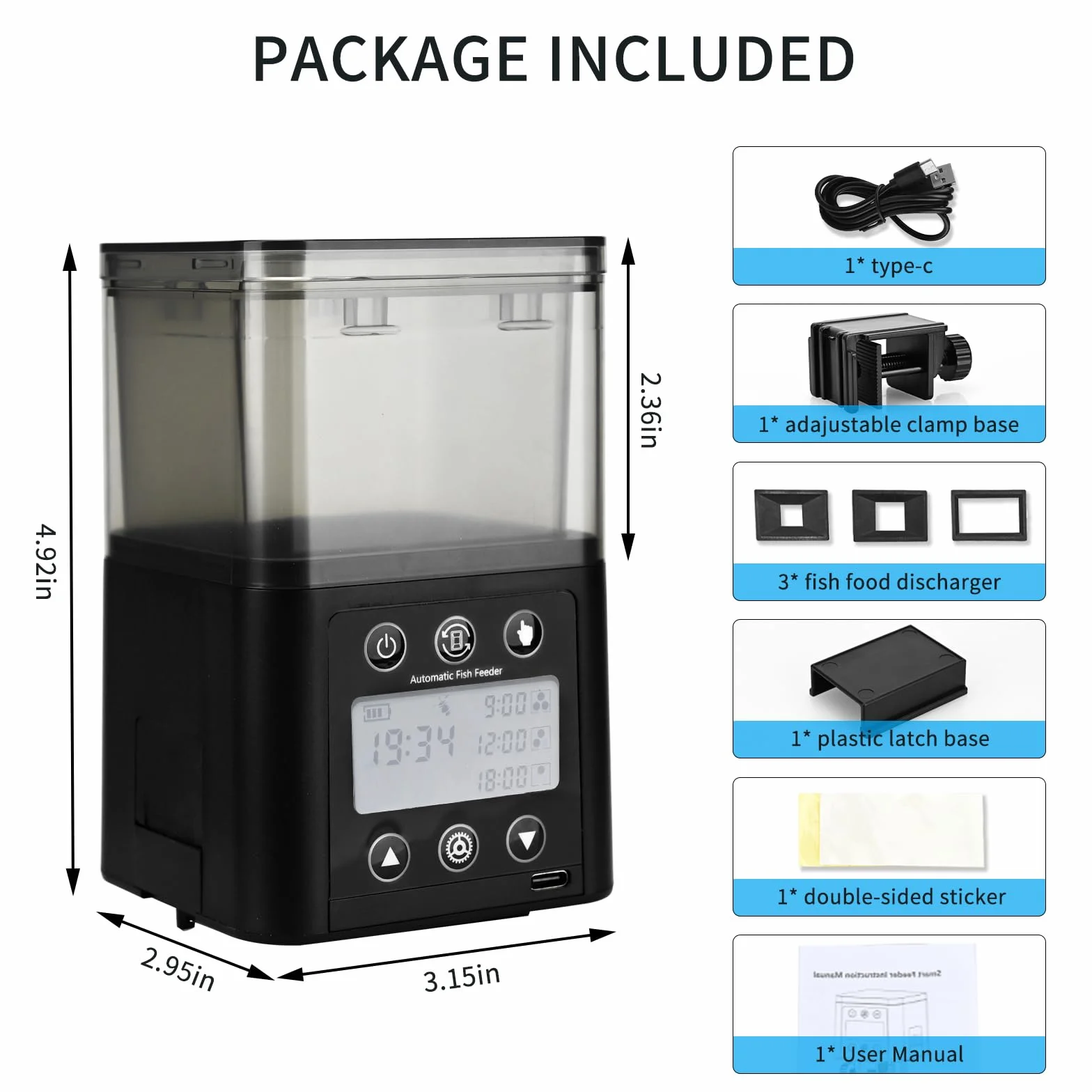 Mangeoire Automatique pour Poissons Minuteur Rechargeable avec écran LCD 320ml Anti-humidité