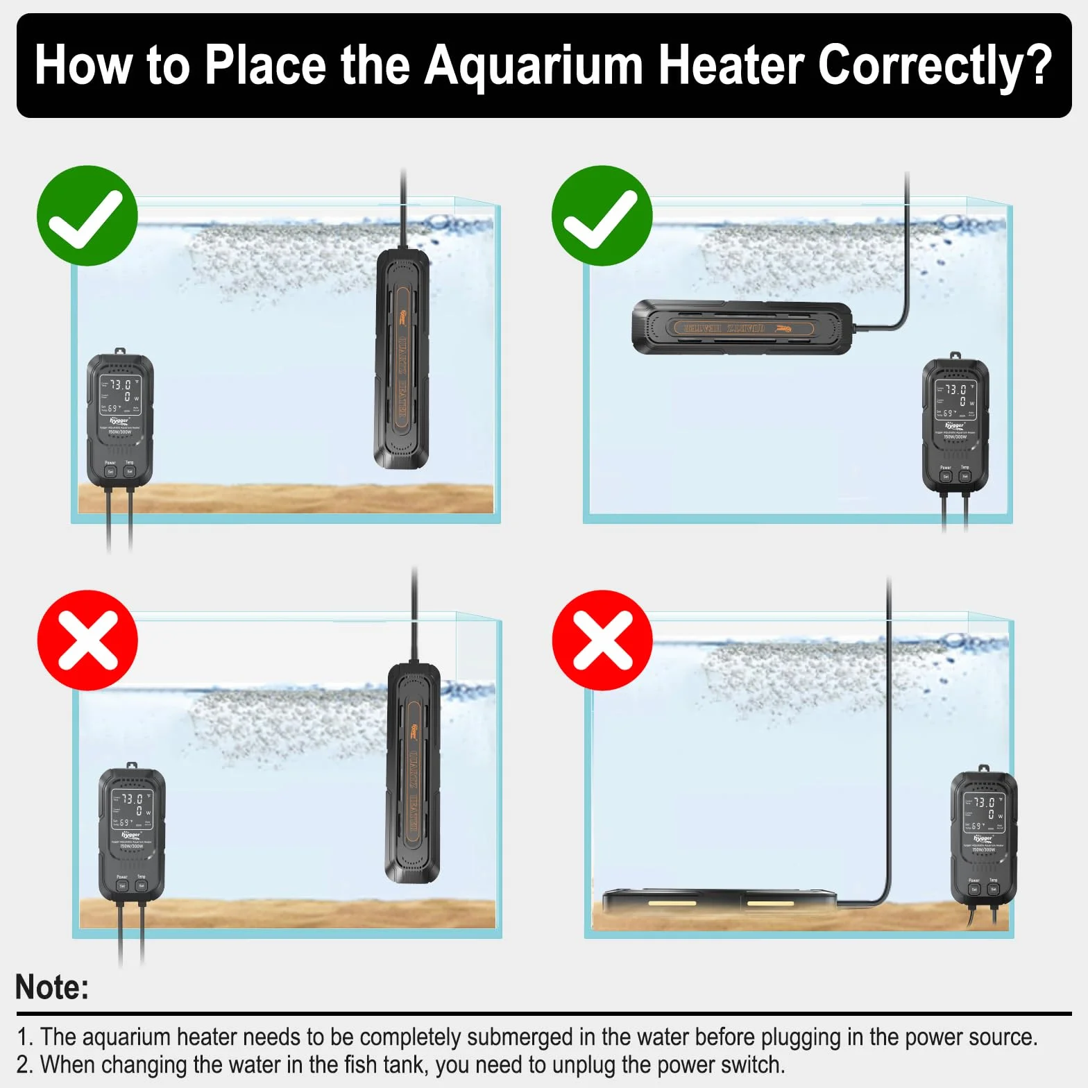 hygger Chauffage d'aquarium Puissance Réglable 500 W/1000 W, Submersible Chauffage pour Aquarium Température de 15 à 35℃ avec Protection Automatique de 400 à 800 litres