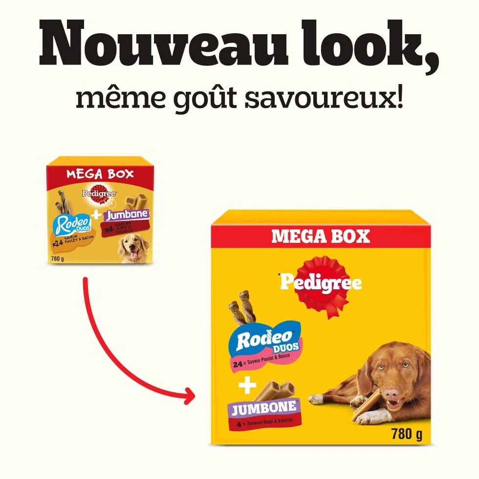 Pedigree Multipack 780 g Friandises pour Chien 24x Rodeo Duos Poulet et Bacon 4x Jumbone Bœuf et Volaille Mega Box