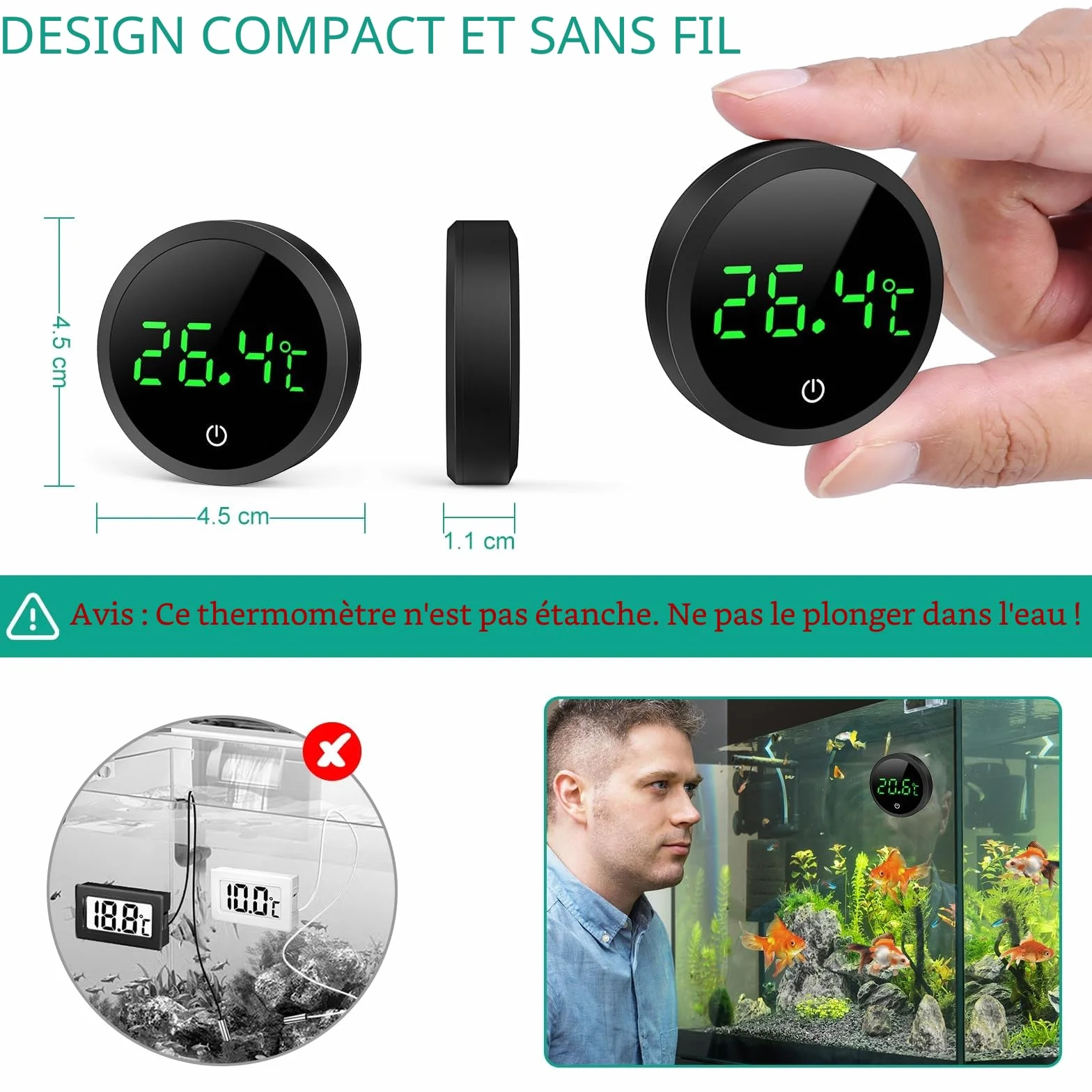 ORIA Thermomètre d'Aquarium, Thermomètre LCD Numérique d'Aquarium Haute Précision 0,1 ℃ avec Boutons Tactiles, Batterie Remplaçable pour Aquarium à Tortues et Aquarium en Verre Tropical - Noir