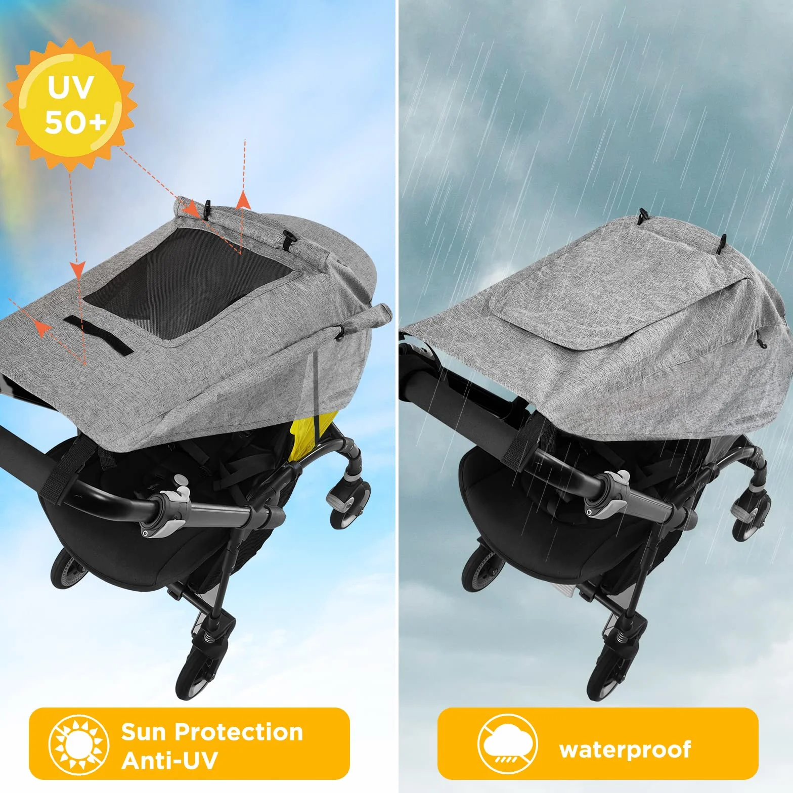 Pare-Soleil Poussette Auvent Nacelle Landau UV 50+ Protection Réglable Gris Universel