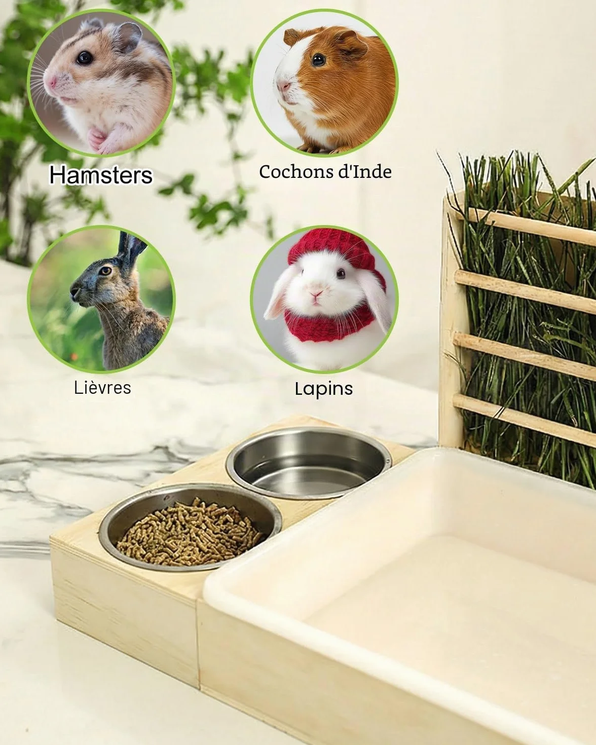 Mangeoire à Foin pour Lapin avec 2 Gamelles, 4 en 1 Couleur Bouleau | Distributeur de Nourriture en Bois, pour Lapins, Cochons d'Inde, Chinchillas, Lapins et Autres Petits Animaux 54x36,5x28 cm