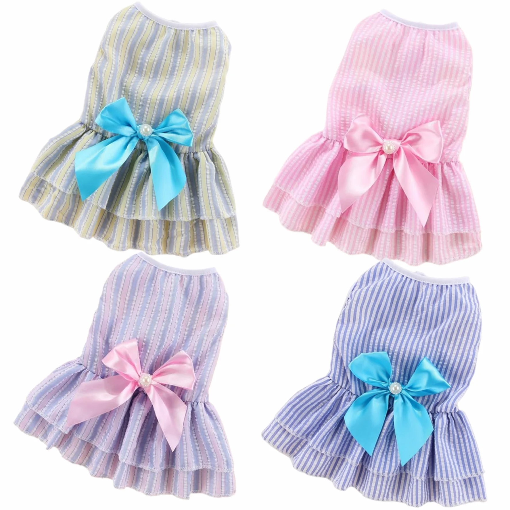 Lot de 4 Robes pour Chien à Rayures Verticales avec Nœud Papillon, Vêtements Doux et Respirants pour Petit Chiot Chihuahua Yorkies