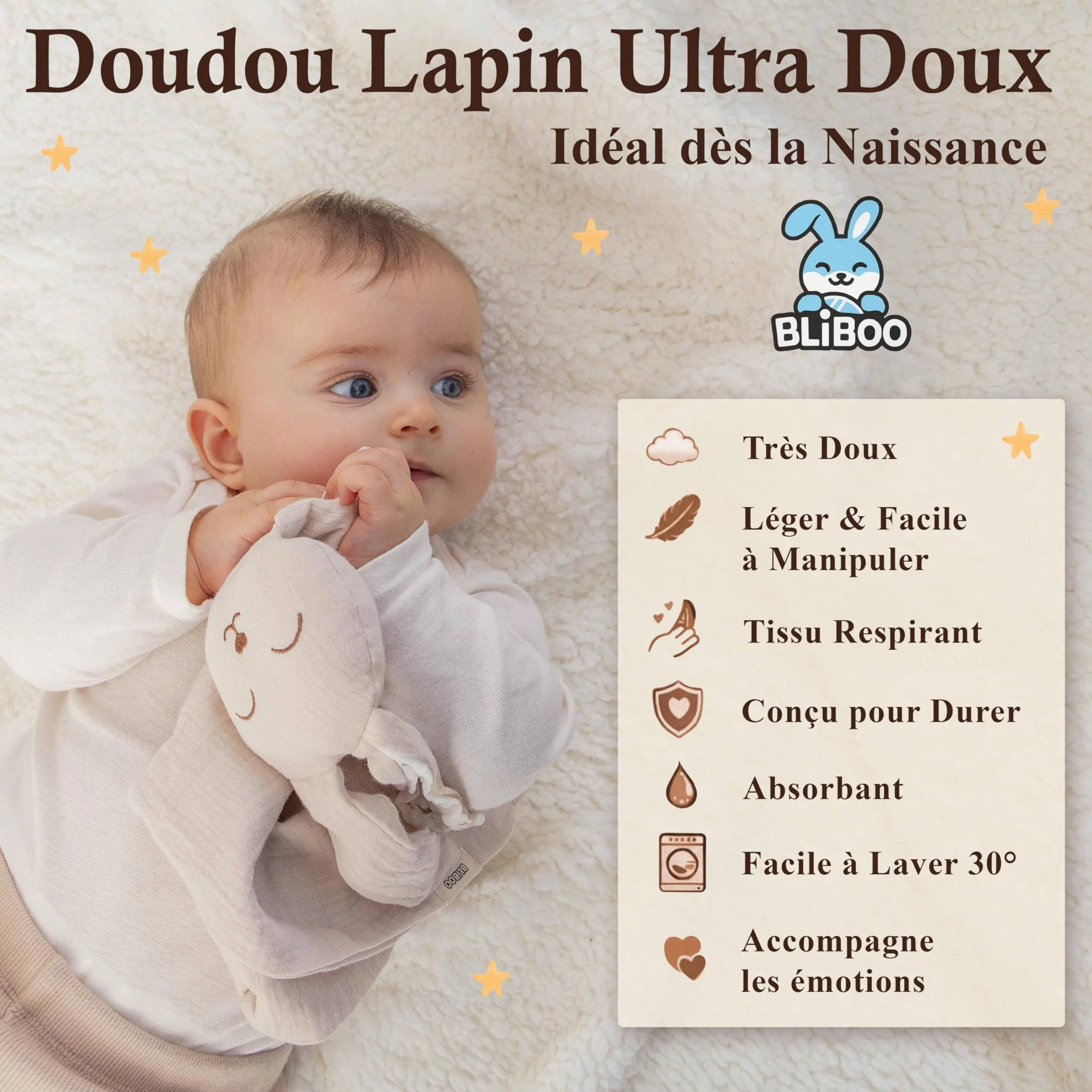 BLIBOO Coffret Cadeau Naissance Doudou Lapin Double Expression 100% Coton Bio Certifié GOTS OEKO-TEX